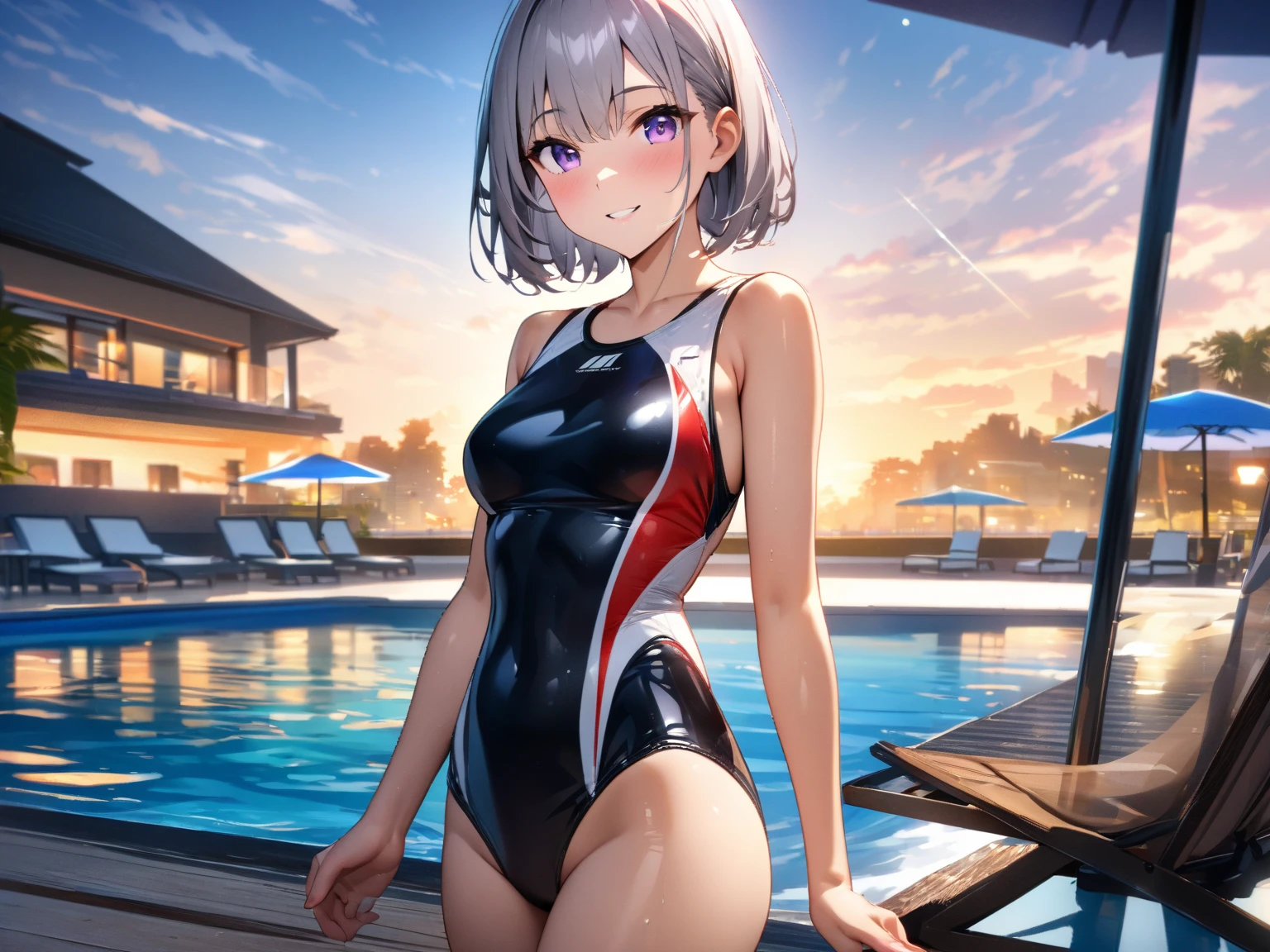 Highest quality、High resolution、Detailed Background、(Beautiful face in every detail:1.4)、Anatomically correct、Teenage beauty、Cute hair colors、Perfect body line、Attractive thighs、Tension、Olympic、swimming、Olympic Arena、The pool shines blue、The audience is filled with excitement、Daytime、The sun is shining high、Elite athletes、Tone muscles、The swimmers lined up at the edge of the pool、Waiting for the starting signal、The players jump in together、Splashing water、The swimmers swung their arms vigorously.、Kick the legs、The water battle has begun、The audience went wild、Healthy Beauty、(Swimming athlete in competition:1.5)