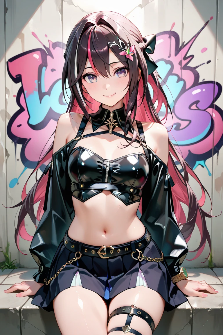 masutepiece, Best Quality, hight resolution, 1girl in, Solo, multicolored hair, Pink hair, Purple eyes, Black hair,hair between eye, Two-tone hair, Jewelry, Long sleeves, X Hair Ornament, Bangs,Very long hair, striated hair, hair clips,extremely detailed,4k,8k,latex costume, cropped jacket, corset, skirt, see-through skirt, navel, latex gloves, elbow gloves, thigh boots, latex thigh highs, high heels, rabbit ears,in bedroom,(see through nipples,erect nipples,),looking at viewer,sitting on bed,