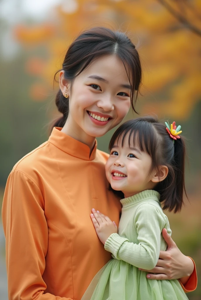 Real pinay mother with daughter 7 yearsold together wearing red jacket standing with background garden