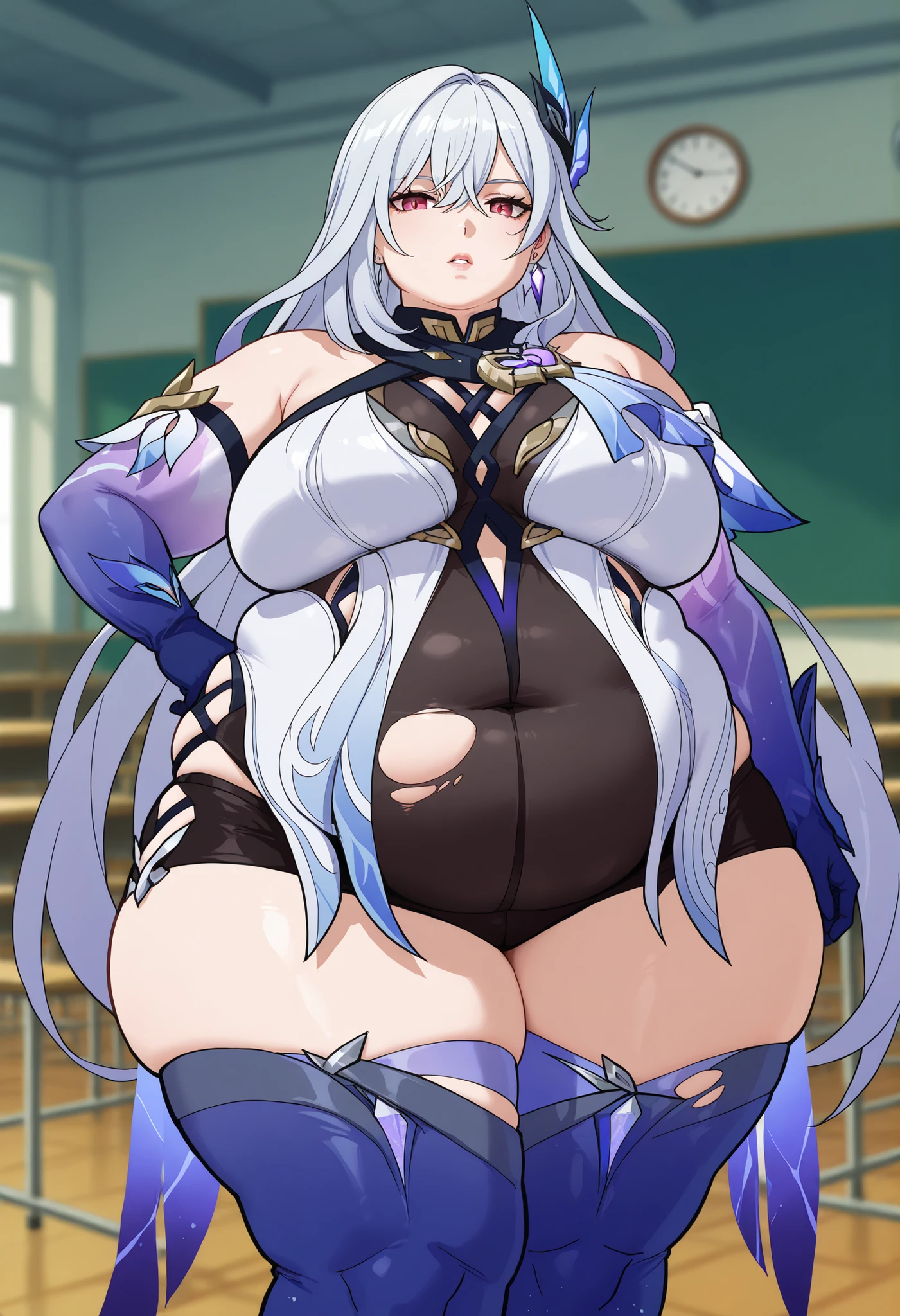Masterpiece, Best Quality, absurderes, looking up at viewer, Solo, keqing (opulent splendor) (genshin impact), official alternate costume, 1Girl, keqing (genshin impact),Solo, purple color hair, one-piece, Long hair, hair bun, twintail, pectorals, bare shoulder, Purple eyes, strapless, Black dress, bangss, purple nails, strapless dress, cone hair bun, nail polish, bows, parted lips, double bun,, diamond-shaped pupils, symbol-shaped pupils, cleavage, bow, hair ribbons, diamonds (shape), detached collar, Hair ornaments,
large full breasts,Sexy,NSFW (New South Wales) (New South Wales) (New South Wales) (New South Wales) (New South Wales),abs,seductive smile smugly, Perfect Body,
High detail backgound, Fantasy Castle, indoor, rooms, dinner,party, Very elegant....., splendid, decoration, baroque,
Many stars,Bright constellations,milkyway,meteor,Dynamic Angle, Distant perspective, (belly fat:1.5)