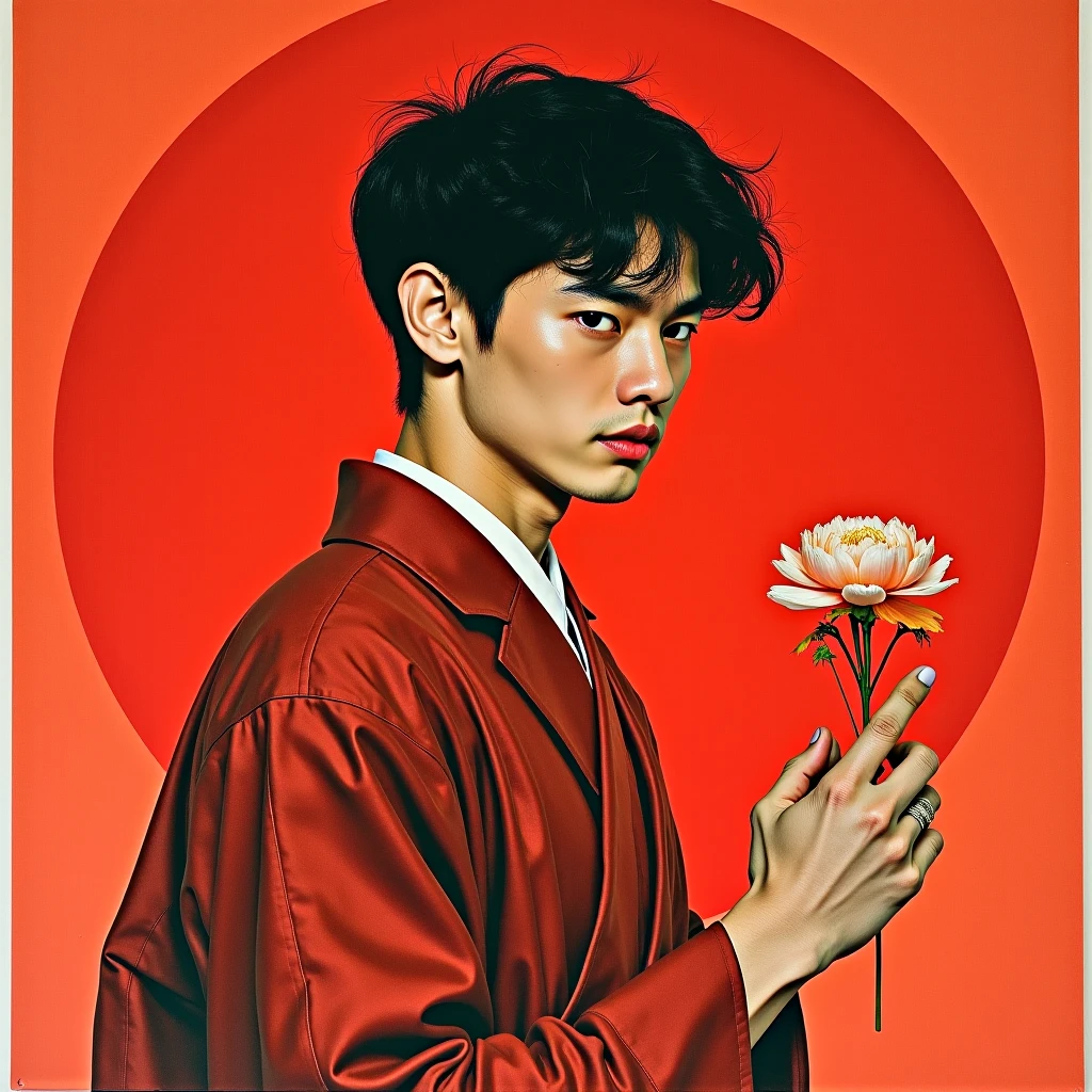 best quality,masterpiece,Ultra-high resolution,1 male,looking at the audience,one,Yamamoto Takashi style,
Flower background,Abstract color patches,Good face,Handsome, Shirtless