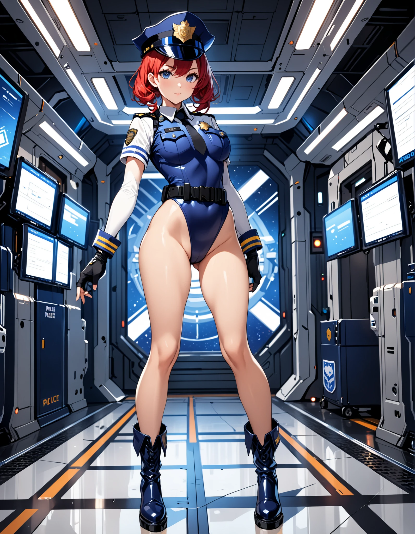 8K, (best quality:1.3), (masterpiece:1.3), (detailed:1.2), 1girl, ((32year old, Wearing a tight blue futuristic sci-fi bodysuit:1.2, utility belt, boots, medium breasts, short orange hair, pony tail styled hair, perfect model body:1.3, detailed blue eyes:1.5, Seductive grin on face, looking from behind:1.2, back shot, ass focus)), Perfect Anatomy,(Professional Lighting), 4k textures, raw photo, epic artistic, photoreal art, sharp focus, even lighting, insane details, intricate details, hyperdetailed, rich colors