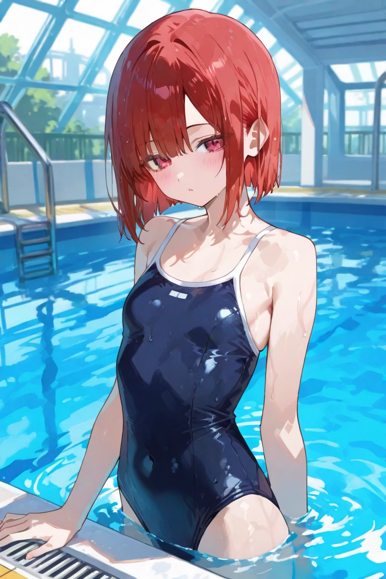 ((Best Quality)), ((masterpiece)), ((realist)) 1, redhead girl, shoulder length hair, relaxed happy face ((slender)) (busty), ((( Multicolor metallic turtleneck one-piece swimsuit ))) ((sexy )) textured pixie cut ) (((swimming pool))) 6 heads and a half full body