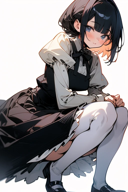 18-year-old boy,cute,Wear the maid outfit and a black work tie,Wear a maid hat,Wear cat ears,Wear black pants,Wear black booties,Wear white gloves,Black hair,Black eyes,blush,sweat,porn pose