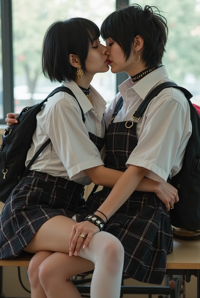 Top quality, photorealistic, Two young teenagers are kissing in the square, blonde, hand on hips, Outdoors, ponytails, lesbian kiss, Skirt, Long hair, Bag, serafuku, backpack, blush, neckerchief, Blonde hair, Black hair, shairband, Hair Ornament, hug, heart mark, Closed eyes, miniskirt, red neckerchief, Sailor collar, Shirt, White shirt, Short sleeves, very intimate, ((sexual arousal:2.0)),
