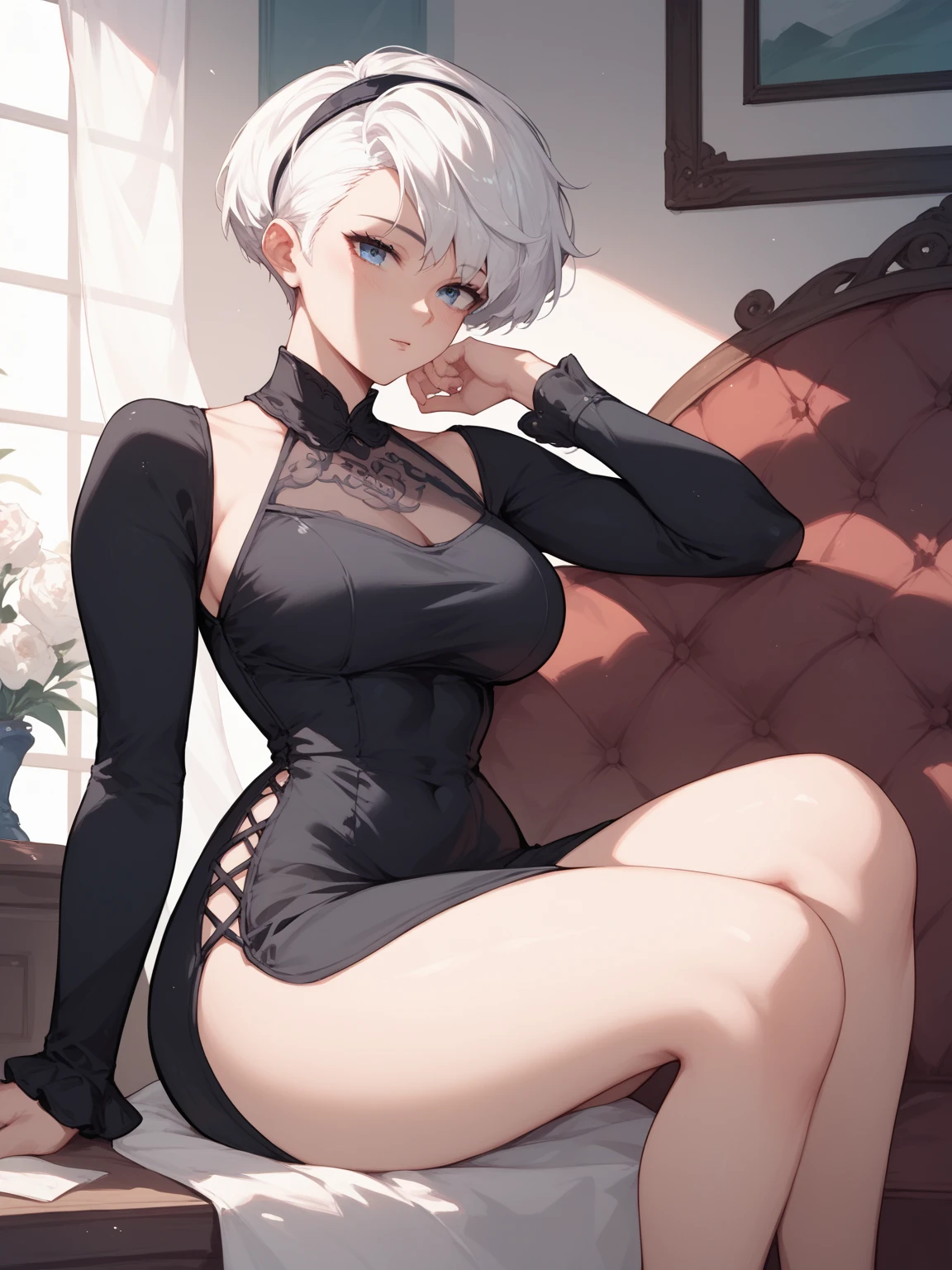 short white hair, short black dress, big chest, small waist, black stockings , beautiful black