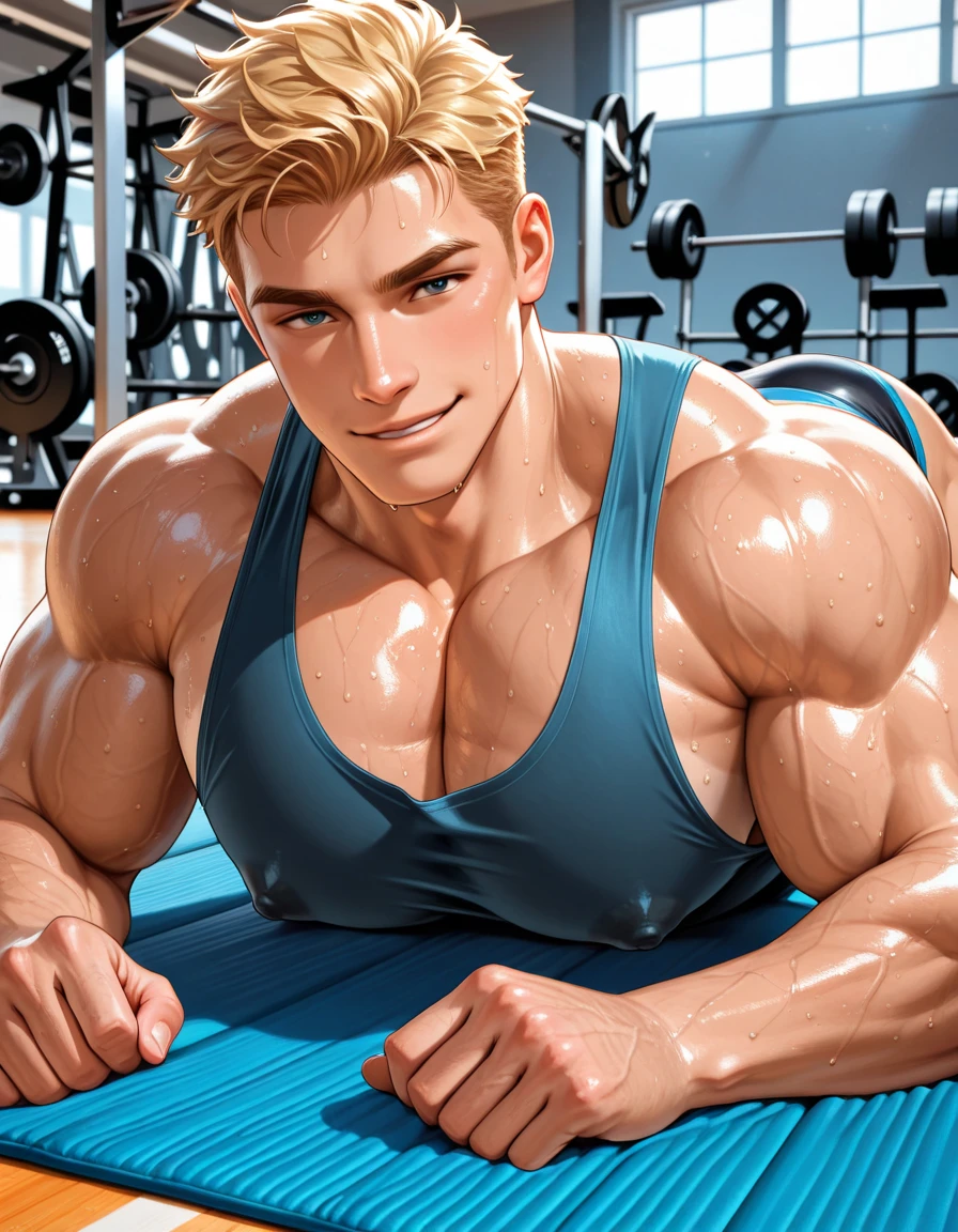 Leyendecker style illustration: Close up of a male firefighter taking off his clothes at a fire station, seductive facial expression, blond hair, very hairy body, sweat on body, firefighter uniform, firefighter gear, pants down, dynamic pose, staring at viewer, natural light, natural shadows, reflections, 4K, HDR, high detail, ray tracing, reflections,