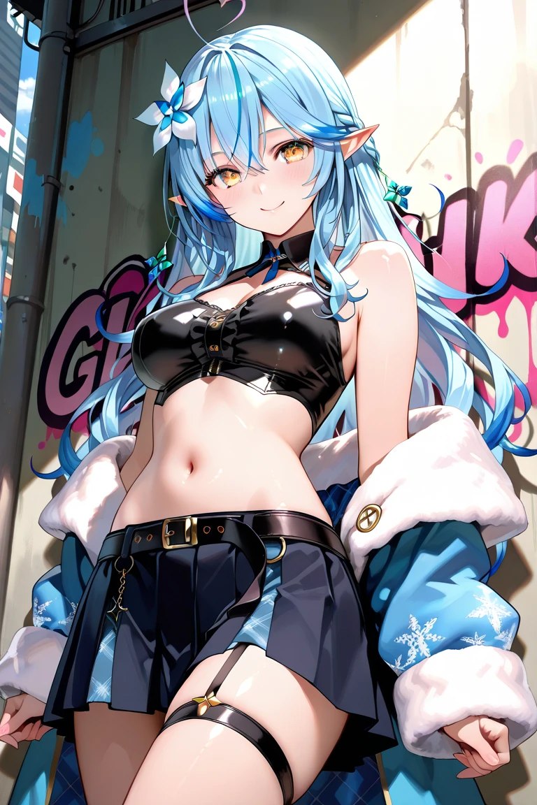 highest quality, extremely detailed, muste piece, (1 12 year old girl(full body figure):1.3), (small curvaceous :1.2), (frontal pose), 
(Pantyhose over shorts:1.6), (pantyhose up to navel:1.6), (high neck body stockings(パンストand離れた:1.6)), 
(stomach is naked、high neck body stockings:1.4), インナーandパンストは繋がっていない, 
(Jacket is worn up to the shoulders:1.2), (wear a short sleeve jacket:1.3), (Roll up the sleeves of a short sleeve jacket:1.3), 
(Deep-rise, fold-in denim shorts:1.3), (shorts with neat creases:1.3), (smirk1.1), (show teeth), 
(naked belly:1.4), [belly fat:1.4], [muscular:1.4], (cute legs:1.1), (Slender stomach:1.3), 
(Long brown gloves that reach above the elbow:1.5)and(thimble rider gloves:1.1), (Simple belt-shaped black choker:1.3), 
(light blue beret), (mid blue long hair:1.4), (red eyes(Twinkling Eyes):1.3), (Cool boots that reach up to the calf:1.3), Serra, 