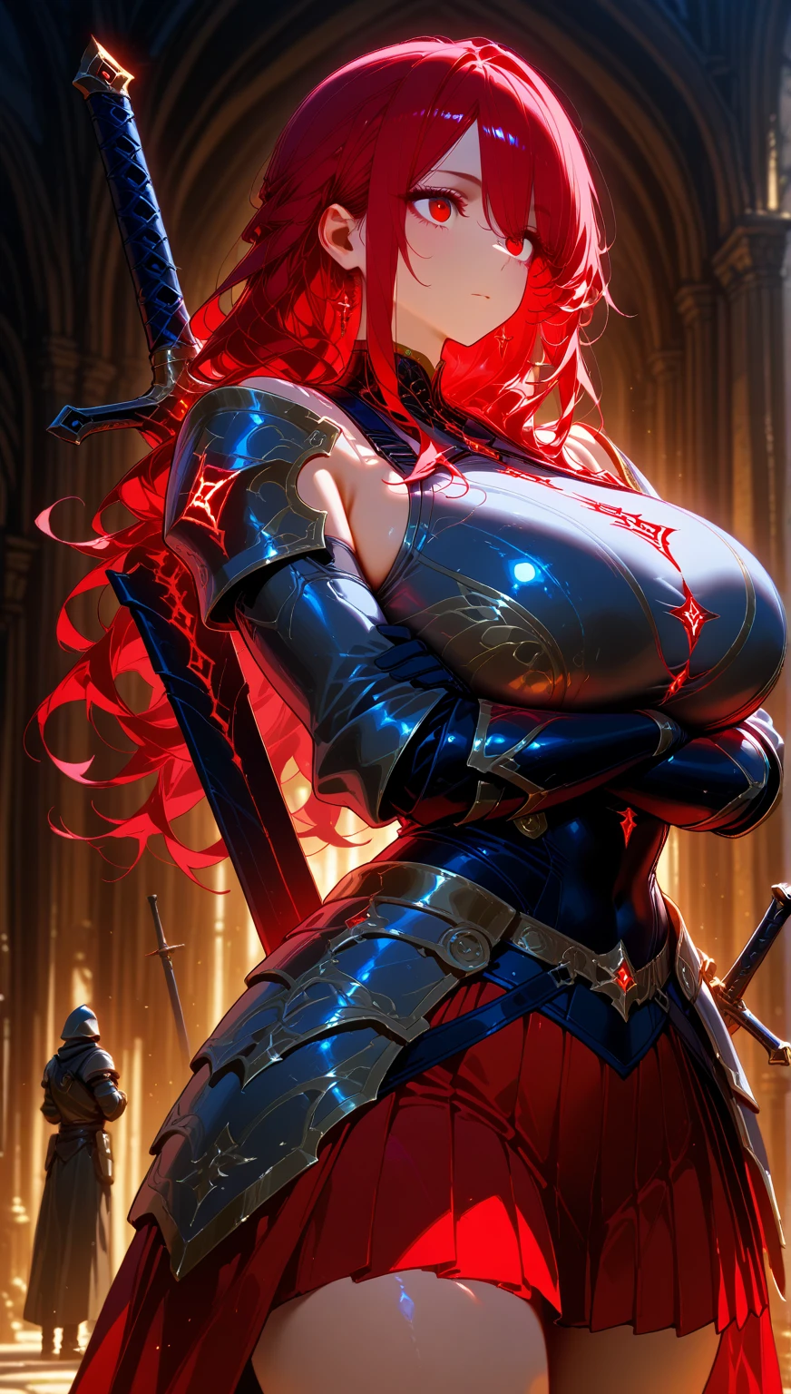 (masutepiece:1.5), the Extremely Detailed CG Unity 8K Wallpapers,(Realistic,Photorealsitic,hyper realisitic:1.5),(during daytime,bloom:1.4),(Curve,Model,glamor:1.5),Beautiful breasts,Farbe_aberration,beautiful detailed shadow,Beautiful eyes,Beautiful body,Beautiful skin,beautifull hands,(Western armor:1.4),(Red hair,Long hair,Red Eyes:1.5)、(Holding a flaming sword in his hand,Holding a great sword:1.4),(Large_breasts:1.5),Rin々Shishi Face,(A well-proportioned and perfect body:1.5),intricate detailes, from a_Below, shiny_skin, (Hair over one eye), side locks, (Hair fluttering in the wind:1.3), (Burning feathers:1.4),Anime girl with red hair and sword in front of the city, female redhead templar,redhead queen in heavy red armor, lady in red armor, Red armor, armor girl,