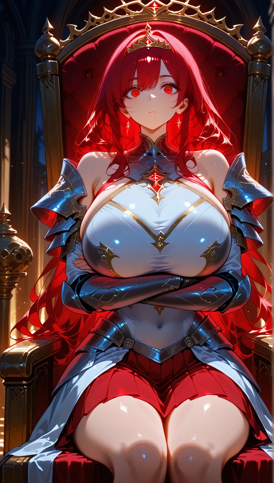 beautiful girl, Bright red hair, Detailed purple eyes, ((White underwear-like armor 1.7))、((Large Breasts:1.6))、Red Cape、Gold Necklace、Golden earrings、In close range