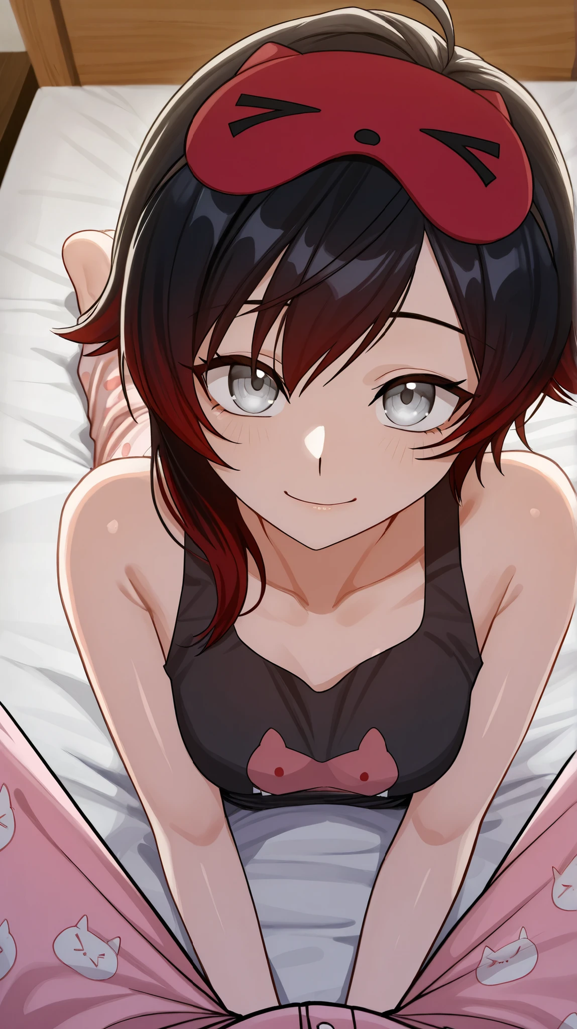 RubyR0se, 1girl, black hair, red hair, two tone hair, gray eyes, Vol1Pajamas, pajamas, black tank top, pink pants, sleep mask, barefoot, indoors, bedroom, laying on bed, looking at viewer, pov, smile, upper body, close-up of face, from above, score_9, score_8_up, score_7_up, source_anime, anime_screencap, masterpiece, best quality, highres, high detail