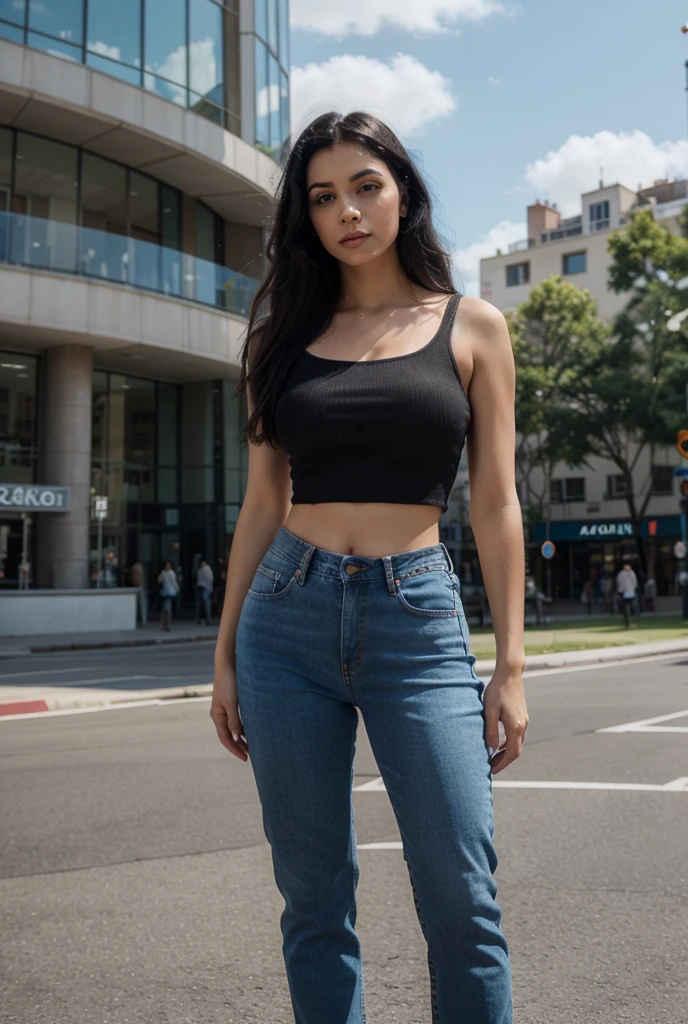 Beautiful 20-year-old brunette girl with fair skin, long straight black hair, blue eyes, wearing a black one-shoulder blouse and high-waisted jeans with a belt, showing her belly button, thick legs and wearing earrings