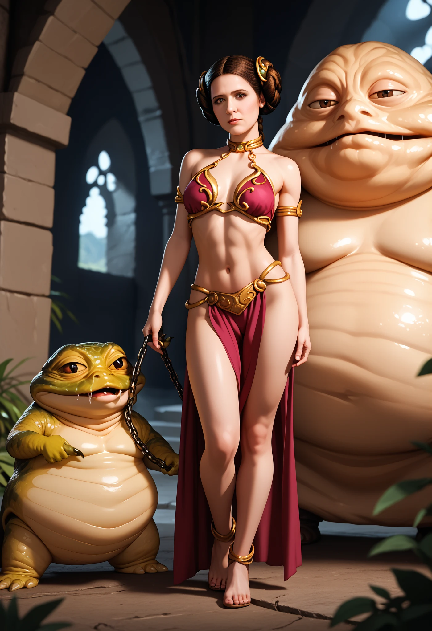 princessleia, brown hair, hair buns, brown eyes, natural medium breasts, BREAK, slave Leia outfit, BREAK, (full body), looking at viewer, seductive, sexy pose, in front of, BREAK (1male) jabba the hutt, monster, snake, orange sclera, colored skin. size difference, leering, BREAK, outside a deserted medieval castle, BREAK, zPDXL3, masterpiece, dramatic lighting, highly detailed, depth of field #Leia-Leila-00