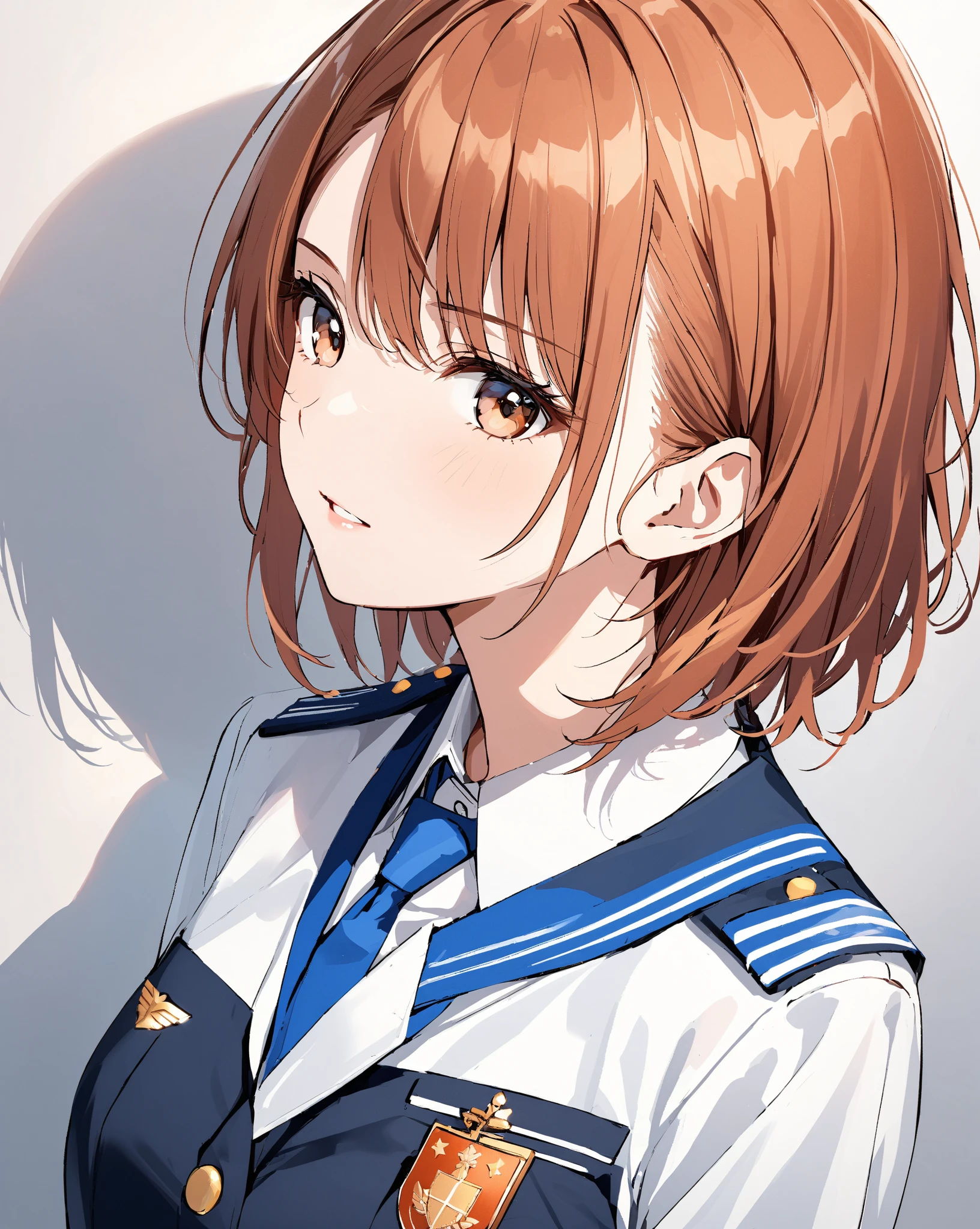 1. morning，(Forward lighting:1.9) . ②：Highest quality, Very detailed,High resolution,Very detailed肌, Professional Lighting,8k ， ③：(One Girl:1.5), young, (short hair:1.4), (Straight hair:1.6)，(E-cup beautiful breasts)，(Hair on one eye:1.8),(Light brown hair:1.8)，Complete limbs,Full Finger, blue eyes, hairpin, Beautiful attention to detail, (Pale skin)，Close one eye，Sparkling eyes，smile，Embarrassing. ④：(from the front)，(close:1.4). ⑤：(Police uniform)、Plain background