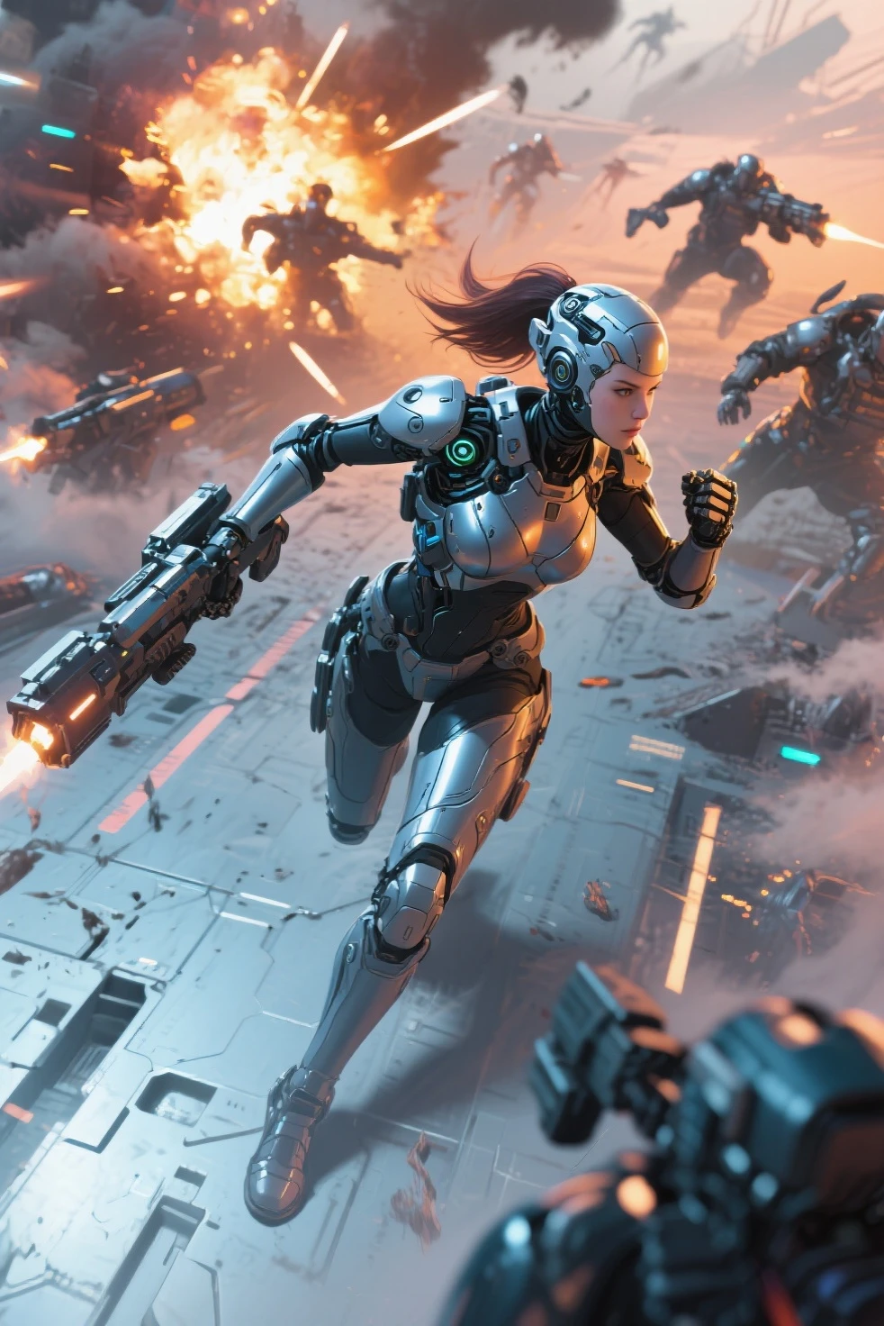 (dramatic lighting:1.1),(best quality:1.2),original,1girl,headphones,tech armor,(smile:0.8),shadows,glowing,ponytail,sci-fi,(sleek:1.3),battlefield,combat,lazers,debris,UFO,(metallic:1.2),soldiers,scenery,terrain,action,movement on airplane,