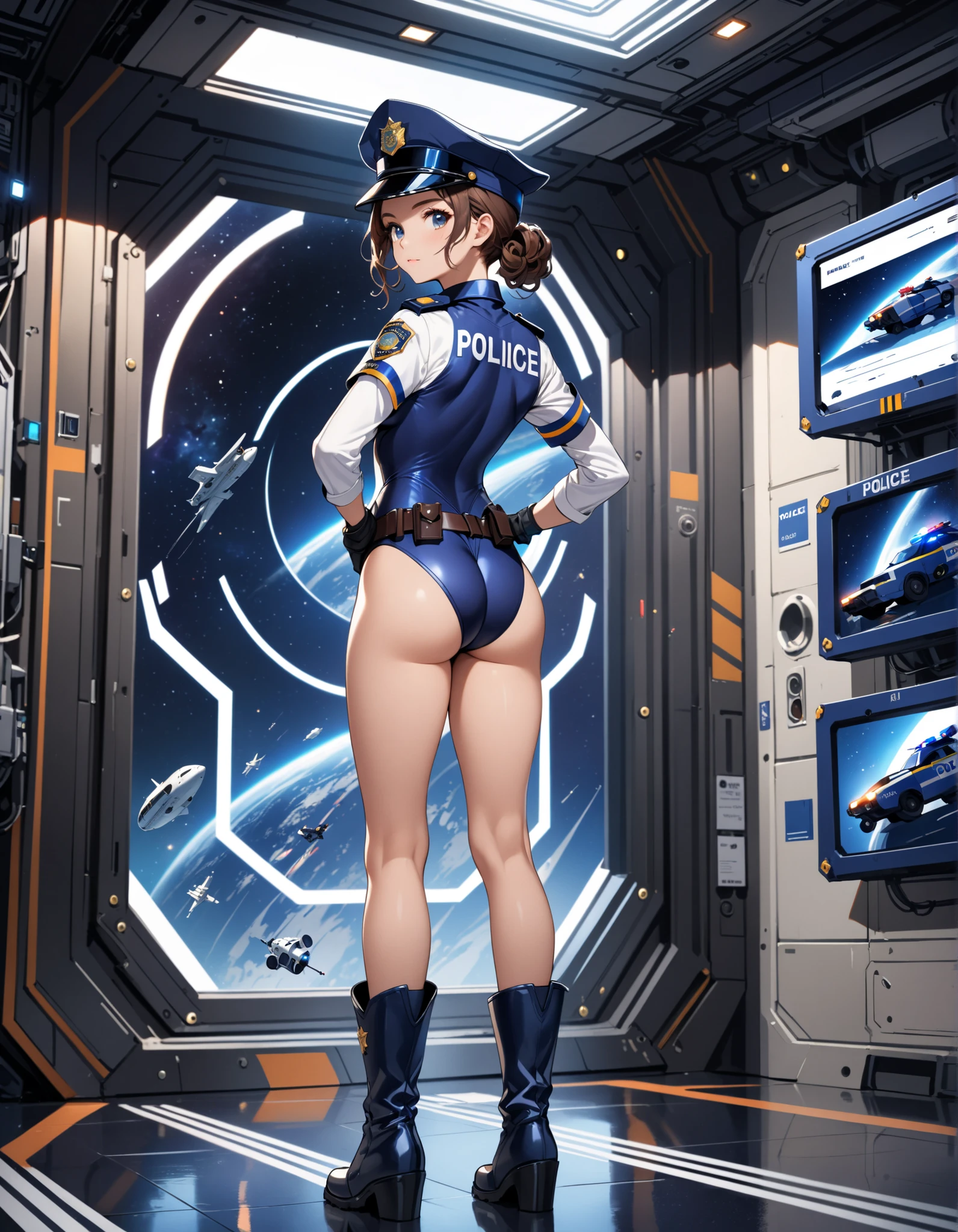 (masterpiece), (best quality), (high res),1girl, tall body, beautiful detailed eyes, beautiful detailed face, cute face, perfect hands, complete fingers, perfect anatomy, perfect proportions, ((hat, dark blue police hat)), ((microskirt, matching microskirt)), ((boots, matching boots)), gigantic breasts, long stockings with garters, fingerless gloves, (full body portrait), looking at viewer, solo, solo focus, standing, police uniform, cowboy shot, space station backdrop, indoors, (belt, tight belt), (armbands, white sleeves), full body costume design. 