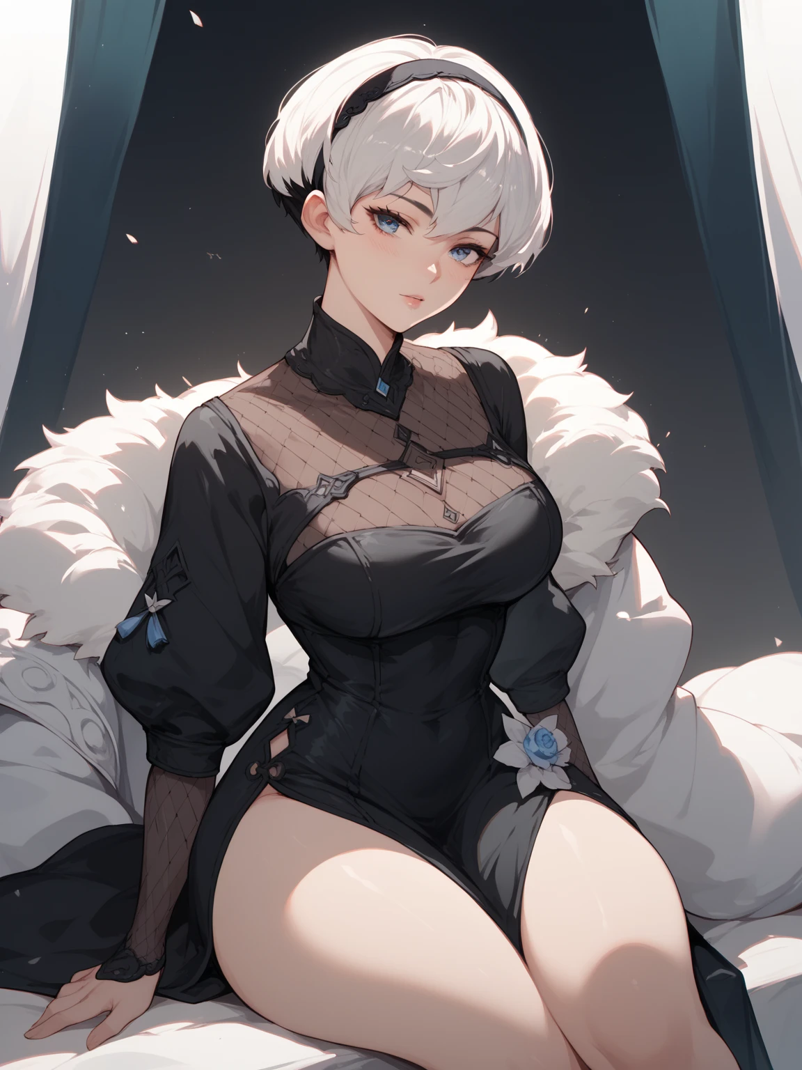 (((Top image quality)))、animesque、silber hair、blue eyess、Full body black tights、((Large breasts、Seductive udder)）、(toppless)、an lingerie、Bob Cut Hair、Lifelike face、Sweaty skin、Clear eyes、Sharp face lines、Inviting eyes、Blushing cheeks、on the beds、Realistic fingers