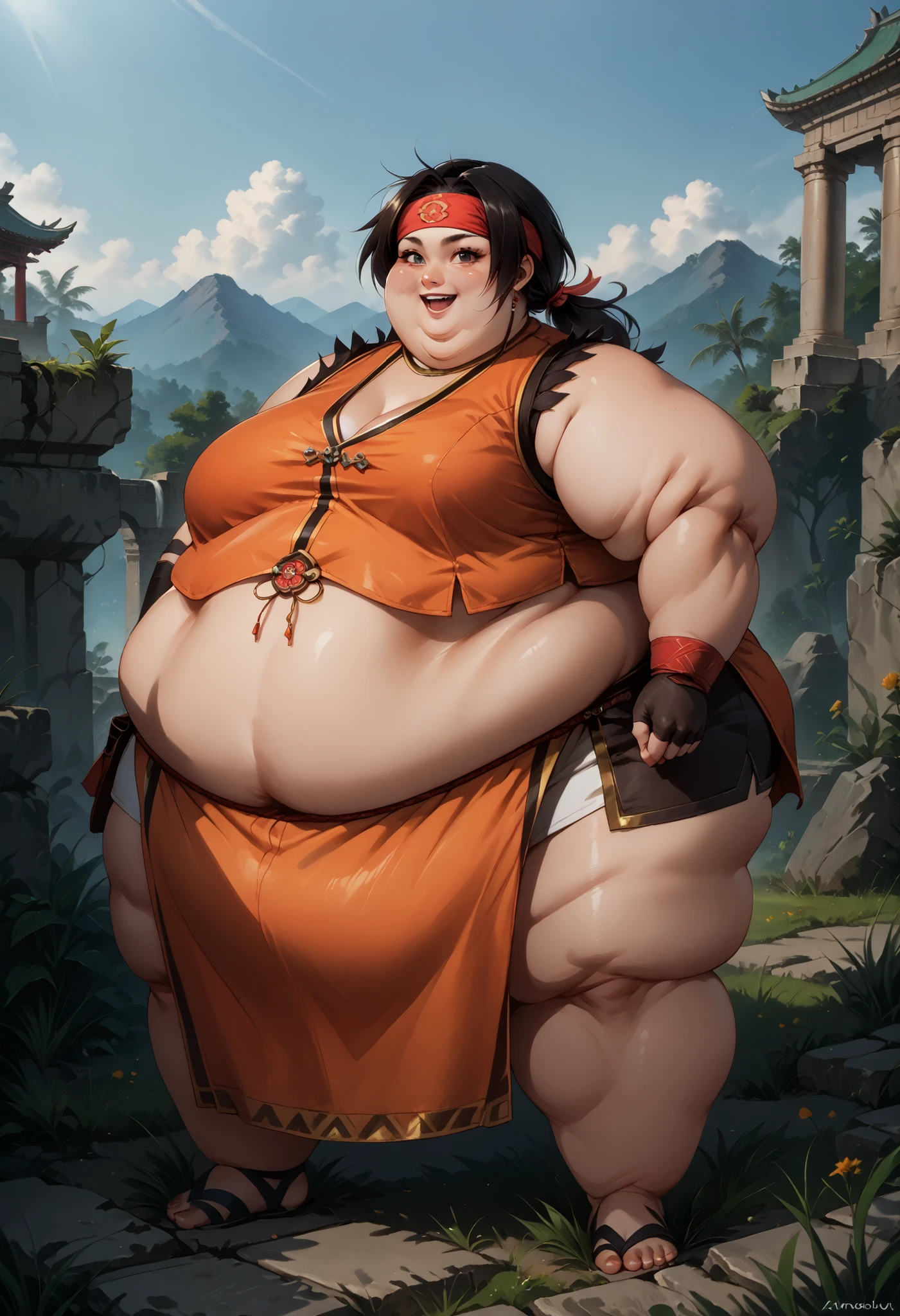 score_9, score_8_up, score_7_up, source_anime, BREAK solo, 1 girl, xiaoyu, black hair, low ponytail, headband, sleeveless crop top, cleavage, midriff, loincloth, armlet, fingerless gloves, smile, open mouth, looking at viewer, breasts, 1 girl, solo, grass, temple, sky, full body