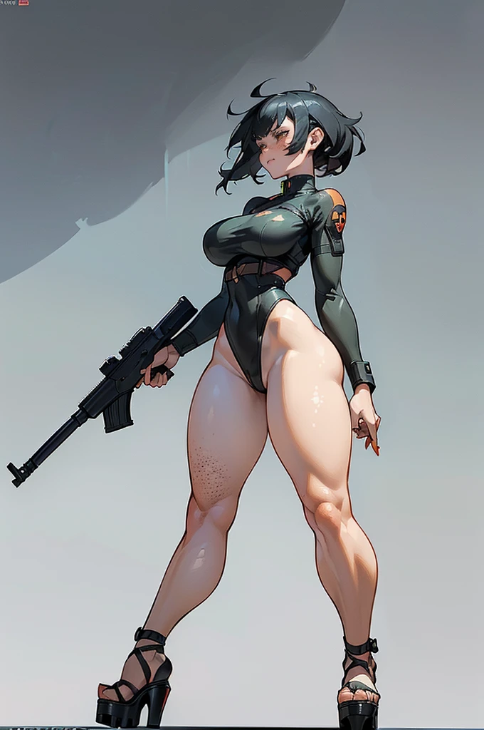  thick hips,  thick thighs, platform  heels, high cut leotard, huge breast, thin waist, bob cut hair, weapon, tanned skin, gun, angry look, scream, thick body, muscle, strap heels,