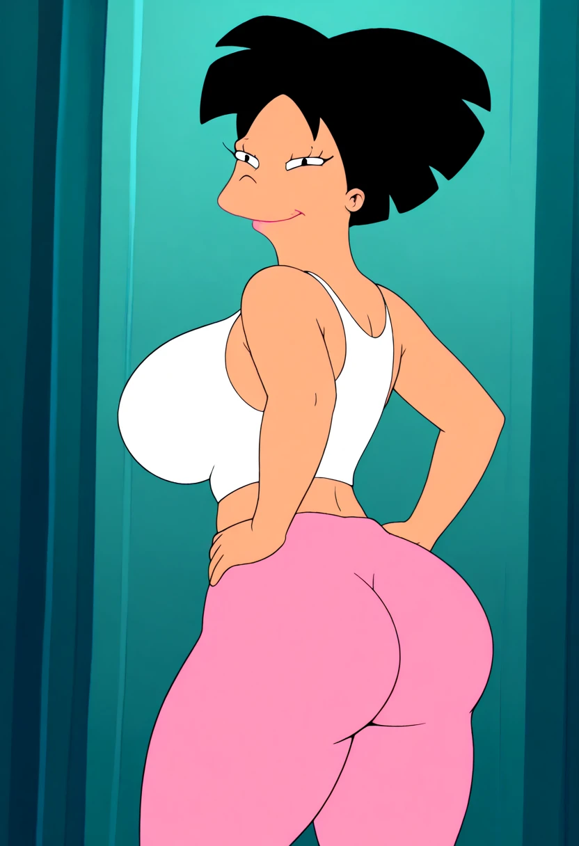 score_9, score_8_up, score_7_up, rating_explicit, zPDXL,amy wong, pink sweatsuit, circle eyes, overbite, dot pupil, source_cartoon, futuramastyle, 1girl, short hair, black hair,in college bedroom, sexy, seductive smile, happy face, saliva, shy, pink hoodie, pink pants, pants down, open hoodie, white bra, bra lift, medium breasts, nipples, many boys around, big dick, many dicks, blowjob, saliva, swallow dick, fuck in mouth, dick deepthroat, open mouth, standing, bending over, back view, pussy, anus, pussy juice, anal, fuck in ass, boy hands on girl hips,
