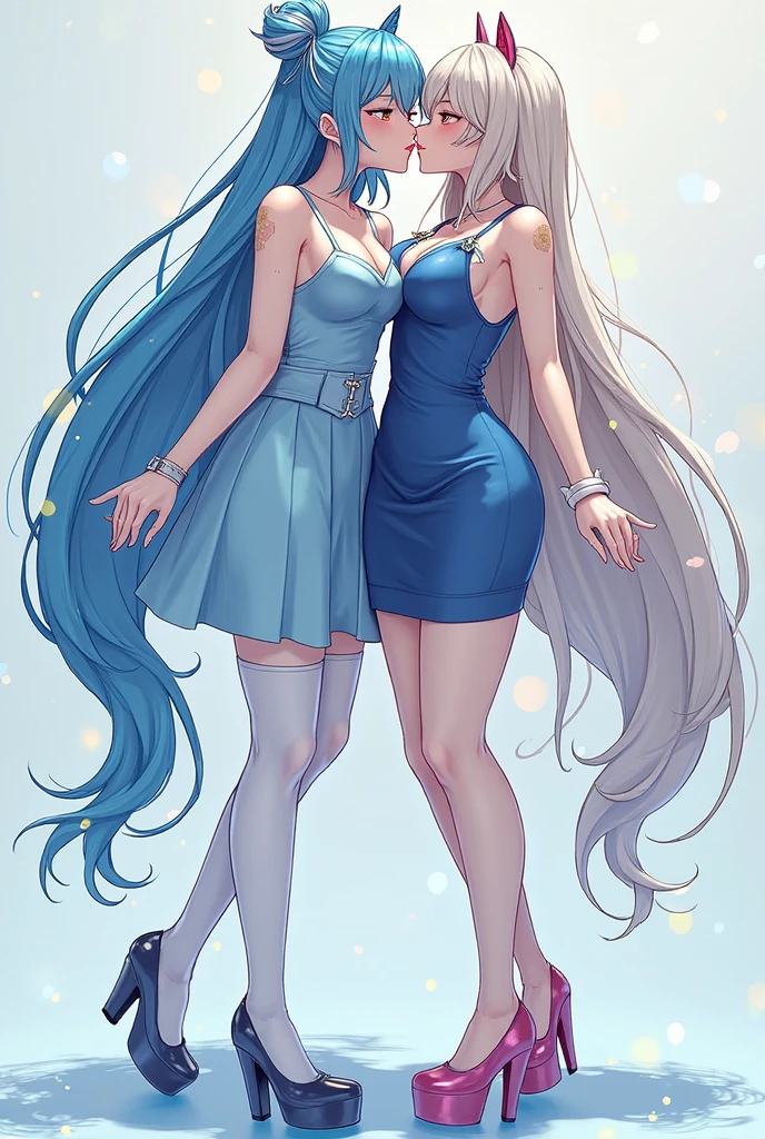 The is about 1. She has long white and blue hair. Her eyes are also blue. She has big boobs and wearing a really sexy dress. By her side is her boyfriend and he's really handsome. Make her boobs bigger! Her boyfriend is same age as her. I want to see all their body in one picture