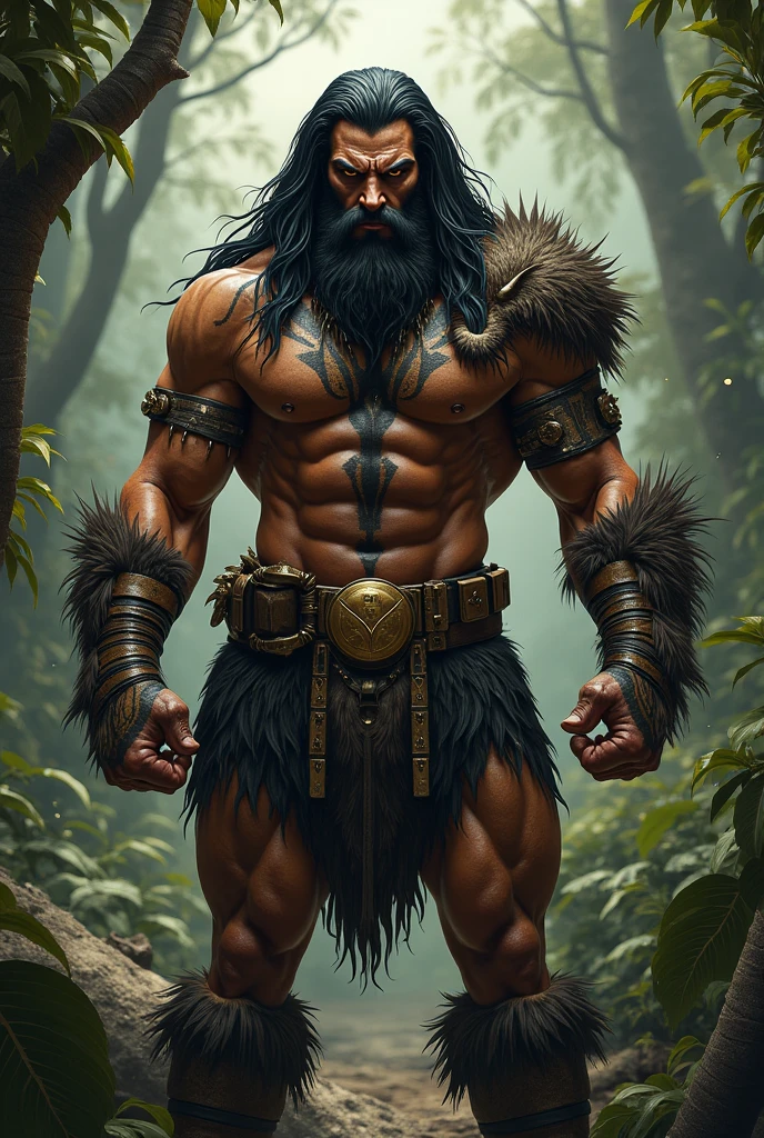 Draw a muscular indigenous man with long hair, eagle eyes, lion claws and fangs.
