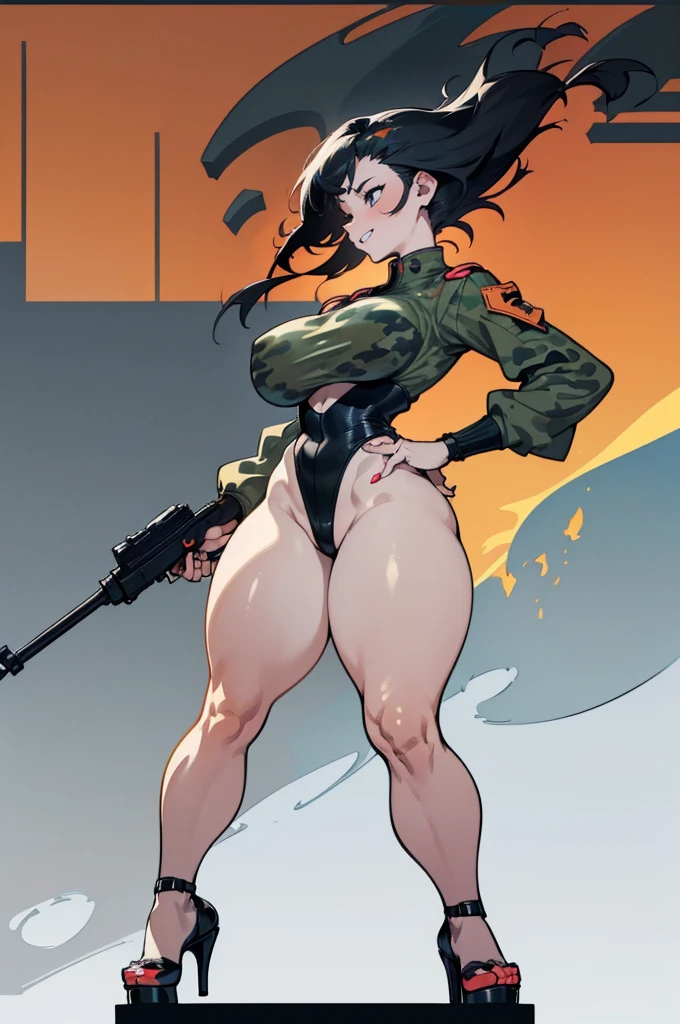 thick hips, thick thighs, platform heels, high white high cut leotard, huge breast, thin waist, bob cut hair, weapon, tanned skin, gun, angry look, scream, thick body, muscle, cyberpunk, stockings, (( very wide hips)), (((colossal Thighs, gigantic thighs, very huge thighs, very big thighs))),