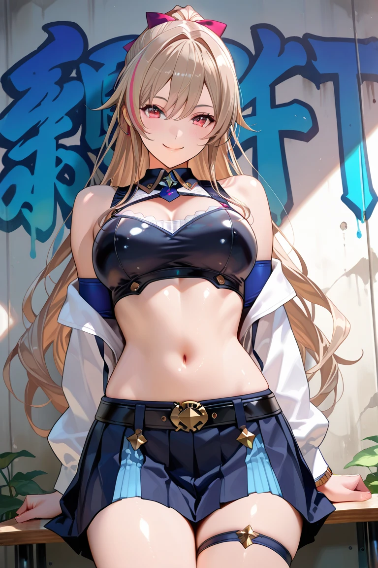 Blue eyes, white hair, long hair, ponytail, slim legs, cleavage, slim waist, narrow waist, pool, happy, navel, kamisato Ayaka, slender body, skirt, under boob