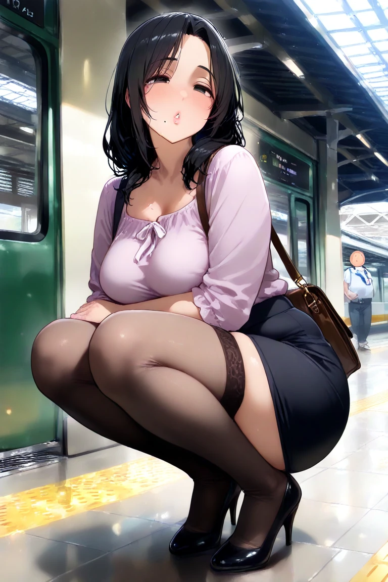 masterpiece, best quality, 1girl, black shirt, pleated skirt, lace-trimmed legwear, thighhighs, garter straps, no panties, pussy, female pubic hair, glasses, purse, holding purse, cellphone, holding phone, coy smile, looking at viewer, from below, subway train, crowd, xilmo, iuui, kase daiki, cutesexyrobutts
