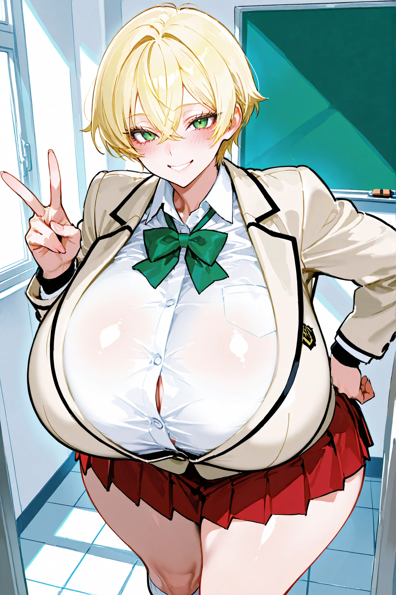 (((best quality))), ((ultra-detailed)), (illustration), ((an extremely delicate and beautiful)),(background:A new school classroom with white floors and white walls),1 woman,solo, (Happy smile),(Blush),(gleaming skin),(White long sleeve shirt)(Beige blazer),(Green tie),(red skirt),(White socks),(A black wristband on one wrist),(Standing),(White underwear), (Green Eyes),(dignified eyes)(Slit eyes)(tsurime),(Very short hair)(Yellow Hair),(crossed bangs),( Big hips, gigantic breasts)(curvy body),