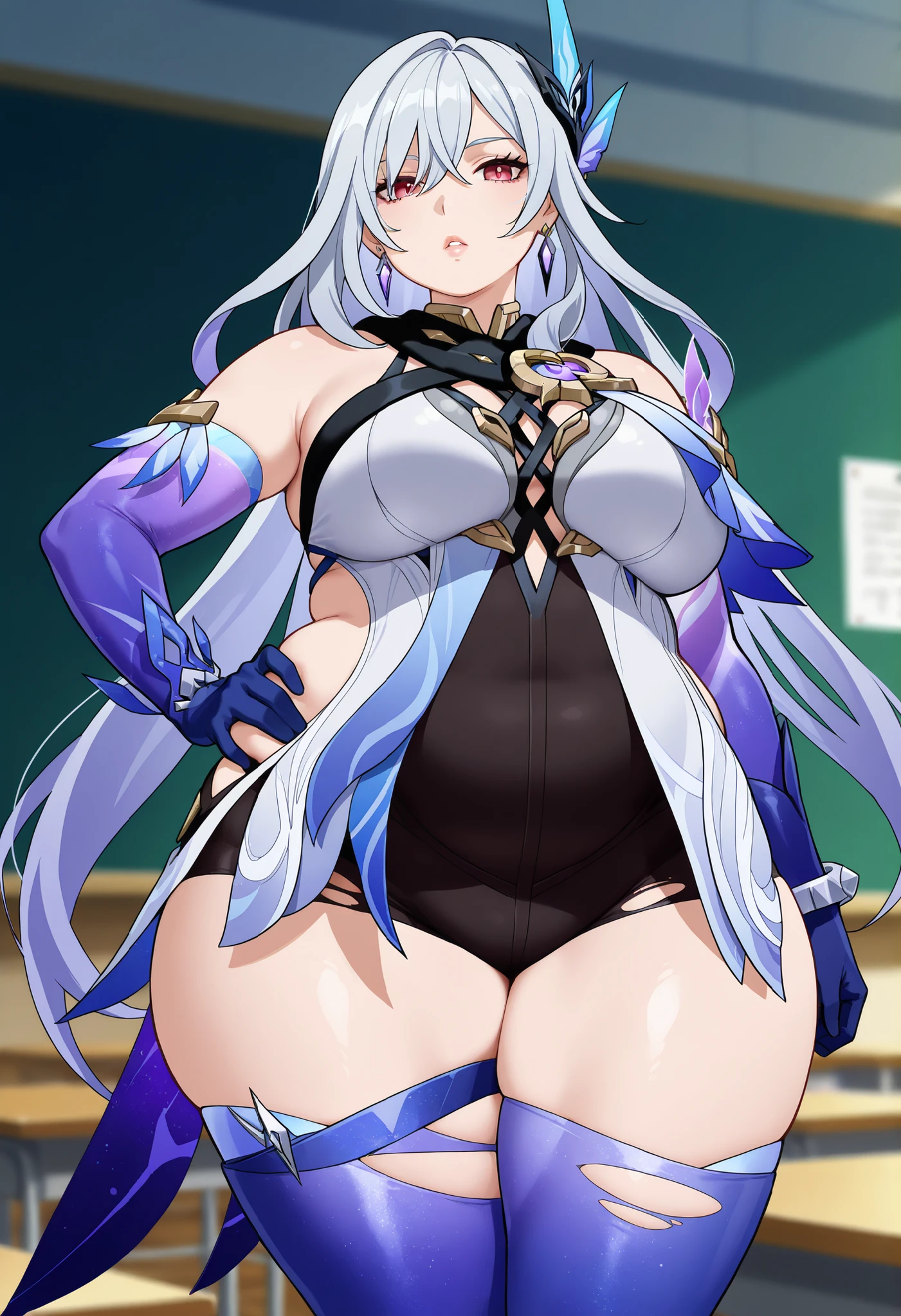 anime screencap, masterpiece, best quality,
1girl, solo, parted lips,
 1girl, solo, mature female, skirk \(genshin impact\), genshin impact, 1girl, solo, breasts, long hair, gloves, thighhighs, looking at viewer, elbow gloves, hand on hip, bangs, hair ornament, jewelry, blue gloves, bare shoulders, grey hair, large breasts, earrings, thighs, blue thighhighs, purple eyes, very long hair, hair between eyes, torn clothes, leotard, dress, red eyes, standing, closed mouth, black shorts, shorts, universe, event horizon masterpiece, best quality, very aesthetic, absurdres
indoors, classroom, blurry background, chubby, chubby girl, curvy, large breasts, lips, plump, thick thighs, thighs, (((oversized gigantic stomach)), curvy, large breasts, lips, plump, thick thighs, thigh
