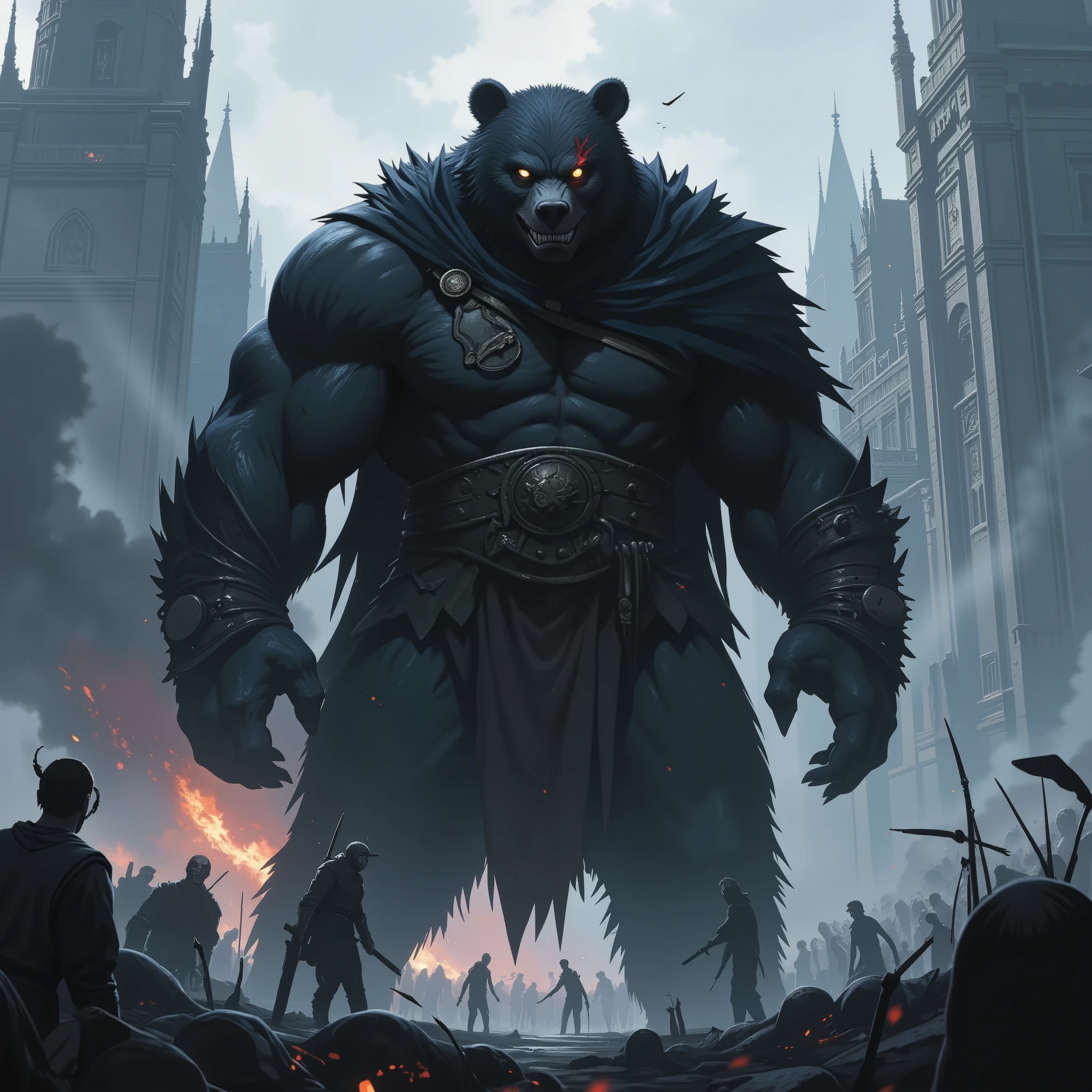 Wide-shot of a Half-Shadow and Half-Bear, Dark mythical god of shadows. Standing up. Dark shadow Bear. Dark fur. Dark cloak. Warrior Bear. Giga Bear. Big muscly bear. Giant Bear. Leaning forward. Scar on it's face going over it's left eye.
Dark and cold colors. Mysterious ambiance. Subtle smerk smile. Temple, smoke and fire in the background. Big Black Evil eyes. Lots of details. Background details. On a battlefield. Zombie s on the ground. Cinematic disposition. The bear only takes up 3/4 of the picture maximum.