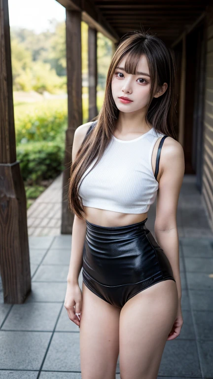 an attractive furry slender beautiful spotted cow woman with long black hair, light eyes, white bodice with black spots low-cut with strings, black shorts, in a pasture on the farm