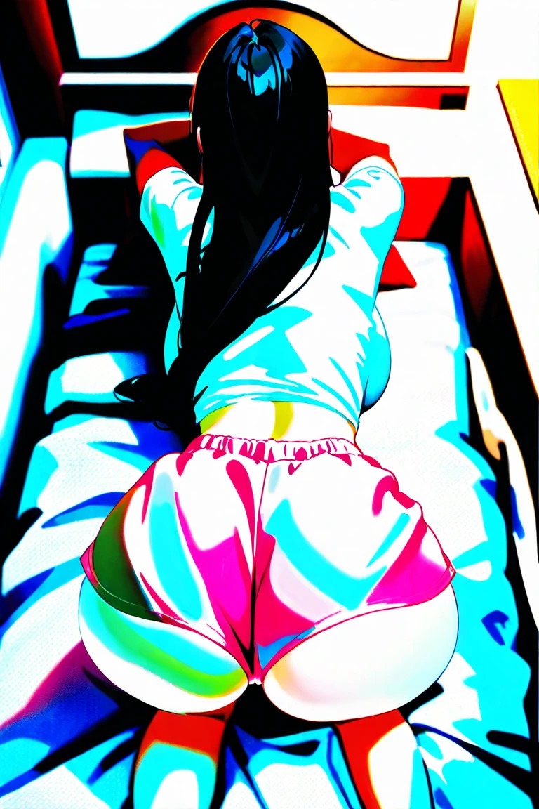 Lying down on her tummy, girl, skirt up, black skirt, long hair, no panties, flushed buttocks, brown hair, headphones, red hoodie, black socks, green eyes, hard palm marks, punishment, crying, time-out, front and behind pov, red buttocks, wet pussy