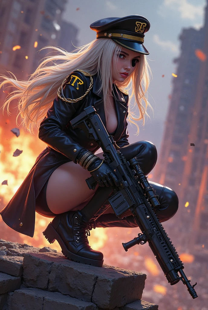 NSFW, fiolina germi, full body, realistic face, medium breasts, perfect pussy, blonde hair, green eyes, call of duty, metal slug, military boot, War tank, realistic weapon, realistic hands, realistic skin, realistic hair, skin pores, high resolution, realistic eyes, full epic background, destroyed city in the background, with fire and smoke, sharp focus, intricate detail, highly detailed, HDR, UHD, 64K, cinematic, trending on artstation <lora:Starou:0.6>