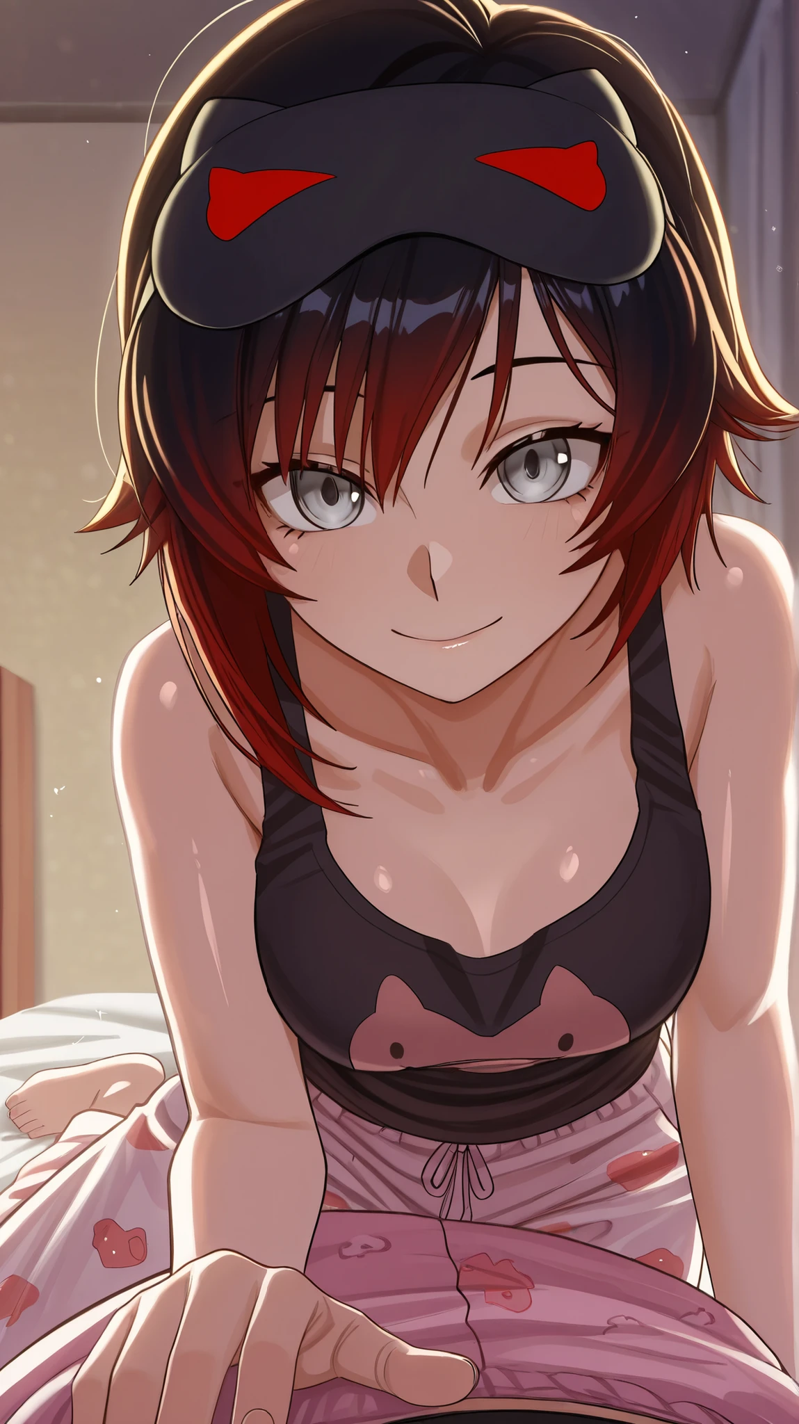 RubyR0se, 1girl, black hair, red hair, two tone hair, gray eyes, Vol1Pajamas, pajamas, black tank top, pink pants, sleep mask, barefoot, indoors, bedroom, laying on bed, looking at viewer, pov, smile, upper body, close-up of face, frombelow, score_9, score_8_up, score_7_up, source_anime, anime_screencap, masterpiece, best quality, highres, high detail