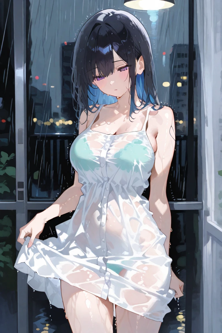 1women, wearing wet frock, wet due to rain, at a street , (bra and panty visible through wet dress), light blue short hair, light blue colour eyes, 8k, high detailed, high quality