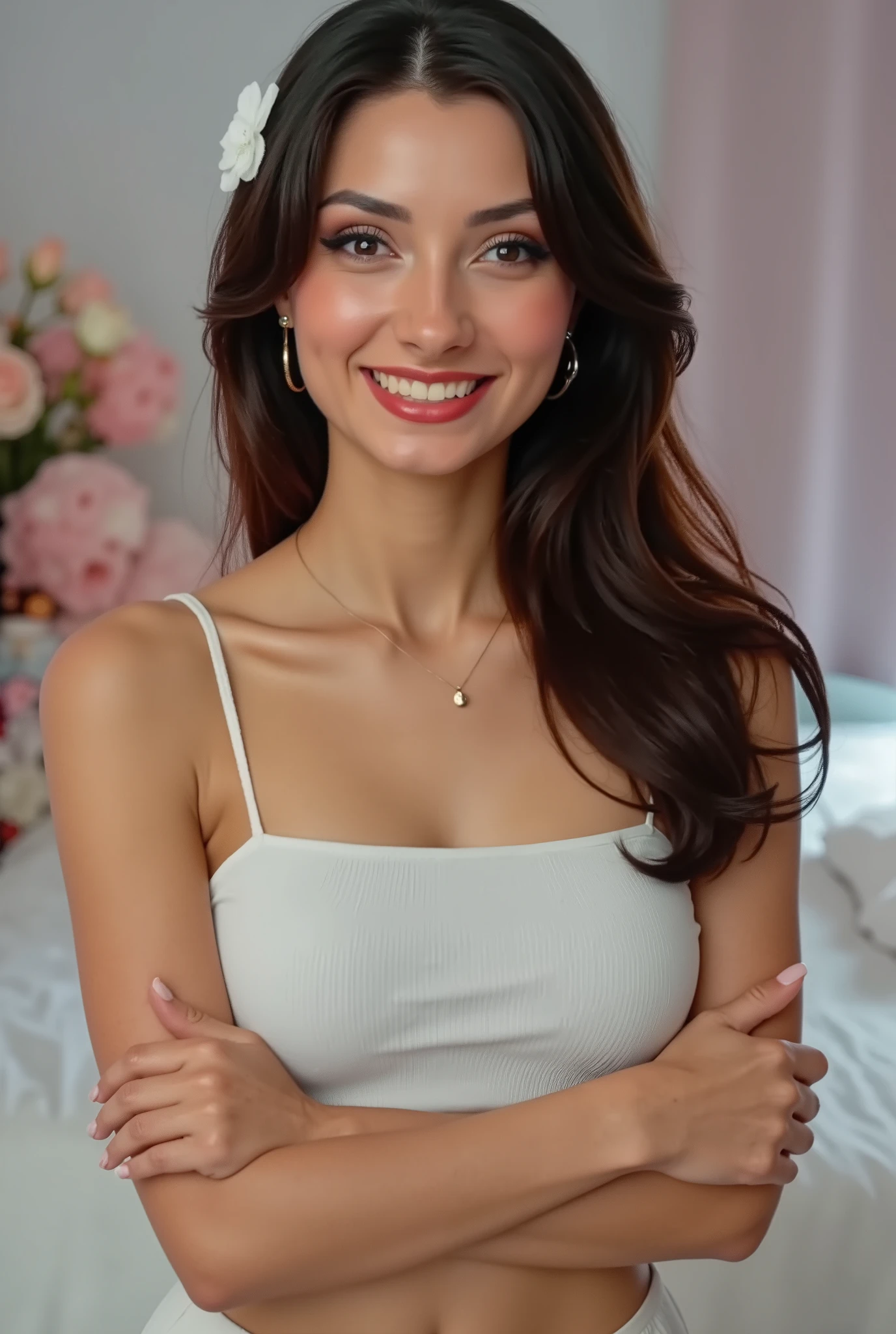 woman posing for a picture, smiling, flat grey background