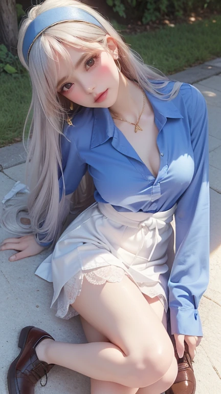 Character Details:, - Gender: 1 Girl. - Style: Anime, - Body Type: Attractive body, slim body, nice legs, slim tights, nice arms, nice shoulders. - Breast: ((Small Breast:1,5)), Cleavage, Nipple. - Facial Featureeautiful, Gorgeous, Teenager, Fresh, Young. - Expression: Happy, Smile, Horny, Pink Blush on Face, Sexy Eyes, Sexy Look, (Sweating:1.5), Innocent Look, Tipsy. - Hairstyle: Blunt Bangs, Long Hair. - Hair Color: Light Blue Hair, Ribbon, Braided. - Clothing: (Office Shirt:1.5), (Off Shoulder:1.3). - Body Pose: (Lying Down:1.5), (Hands Up:1.5), (Closed Knee:1.5). - Behaviour: Waiting, Want Something, Secretly. - Accessories: Earrings., Environmental Details:, - Setting: Office Room., - Lighting: Natural Light., - Decoration: Modern Bed, Pillow, Blanket, Cloth, Table, Chair, Window, White Curtain, City View. Top view. pov, anime style, UHD, retina, masterpiece, accurate, anatomically correct, textured