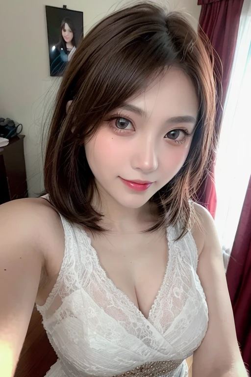 ((Highest quality, 8k, masterpiece: 1.3)), One person, The beauty of slim abs: 1.3, (Hairstyle Casual, :1.2), Sexy Dress, Very beautiful face, Delicate eyes, double eyelid, smile. Take a photo with a cute pose, Very low number, Narrow waist, Big Breasts, close, zoomed close chest, Beautiful background