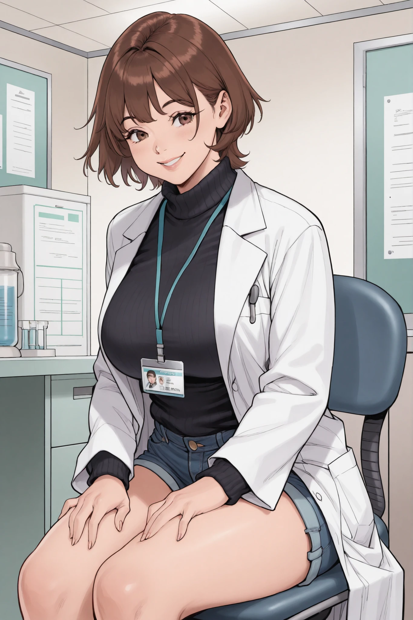 1 girl, brown hair, short hair, voluptuous, lab coat, black sweater, denim shorts, smile, doctor's office room, sitting, hands on thighs, id card, plumb lips