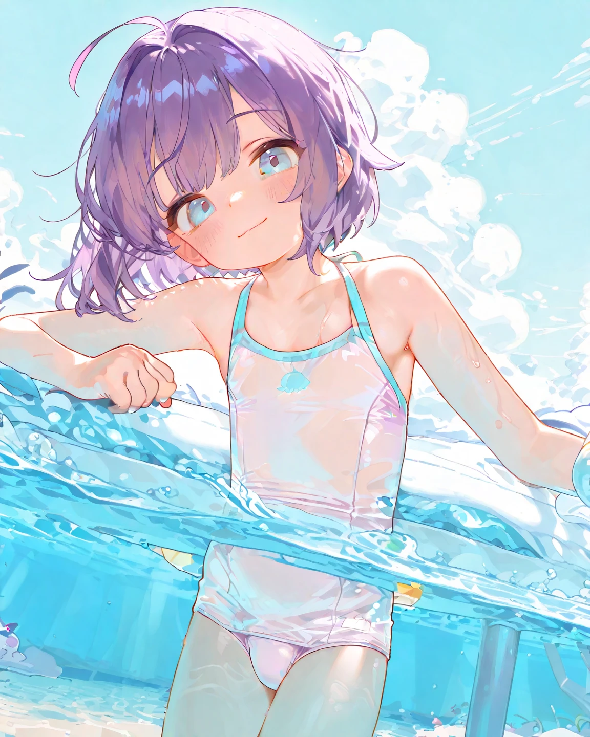 Short purple hair, Girl, presenting armpit, Dead reservoir water, Open stand, Smile, (full bodyesbian)