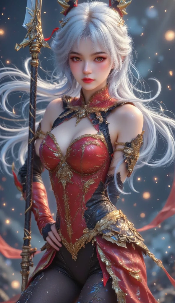 {beutiful girl, ((25-year-old girl with very slim body, Machinist corps:1.5)}, Thin legs, fine grain, white long hair, Detailed fingers, thin, Sexual, Ecstasy facial expression, (Super big bouncing firm bust:1.3), (sexy see-through mechanical suit, scarlet lined long cloak from shoulder, The chest part of the suit is widely open, Chest exposed:1.5), lakeside, (sexy dynamic posing, sneer:1.3), (in battle:1.5), { (bloody, many decapitated corpses:1.5), on top of hill, wide view, (spooky, creepy, big blood moon, moon night:1.3)}