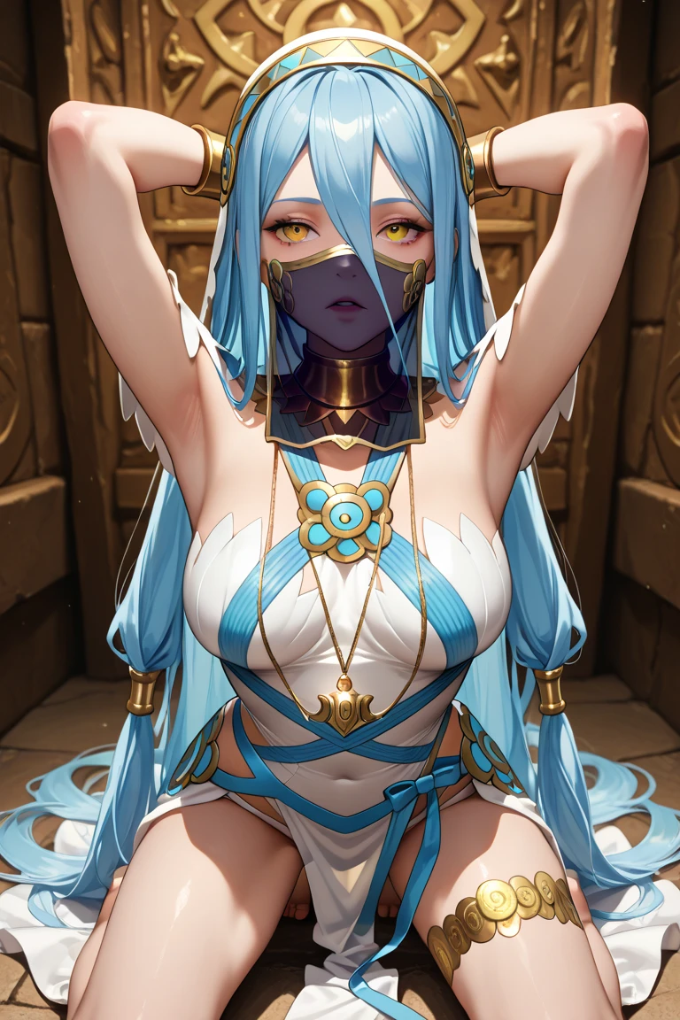 Naked Nessa wearing a muzzle and blindfold getting tickled