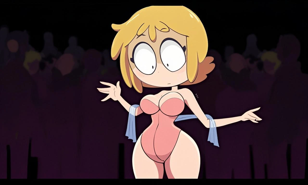 ((Masterpiece, best quality,edgQuality)), excited, 1girl, solo, serena (pokemon), short blonde hair, gray hat, (completely nude:1.2), vagina, pussy, looking at viewer, full body picture, on a stage, standing, arms behind head, edgRavegirl, embarrassed, blush, full body, armpits, multicolored clothes, wearing edgRavegirl, fishnets, fishnet thighhighs, fishnet gloves, fur leg warmers, sweat,