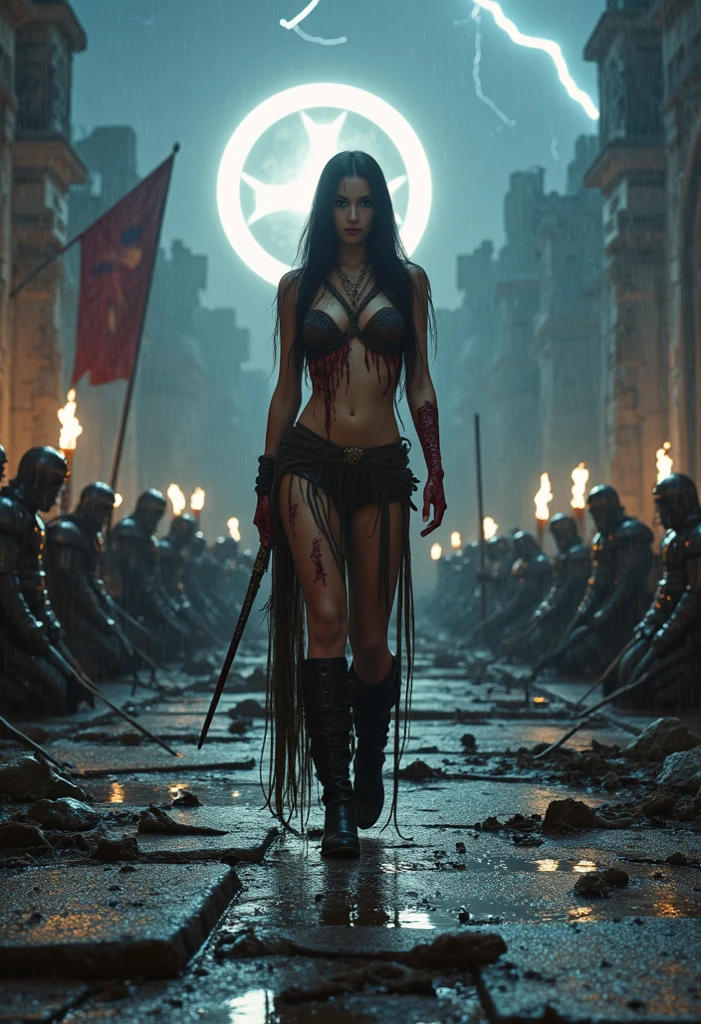 cinematic film still lady death swings her scythe, corpses strewn before her on the modern battlefield in a tableau of gore and viscera, planes in the dark, smoky sky, soldiers run away from the viewer in fear . shallow depth of field, vignette, highly detailed, high budget, bokeh, cinemascope, moody, epic, gorgeous, film grain, grainy