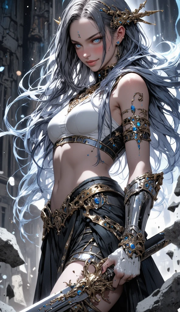 ,Visualize the mature female version of Levi from Attack on Titan confidently running along an empty road in the moonlight. She's now wearing a metallic silver double side-slit maxi dress with a halter top. As she runs, envision how the wind gracefully influences the flow and shimmer of the metallic fabric, creating a dynamic and captivating scene illuminated by the moonlight.
