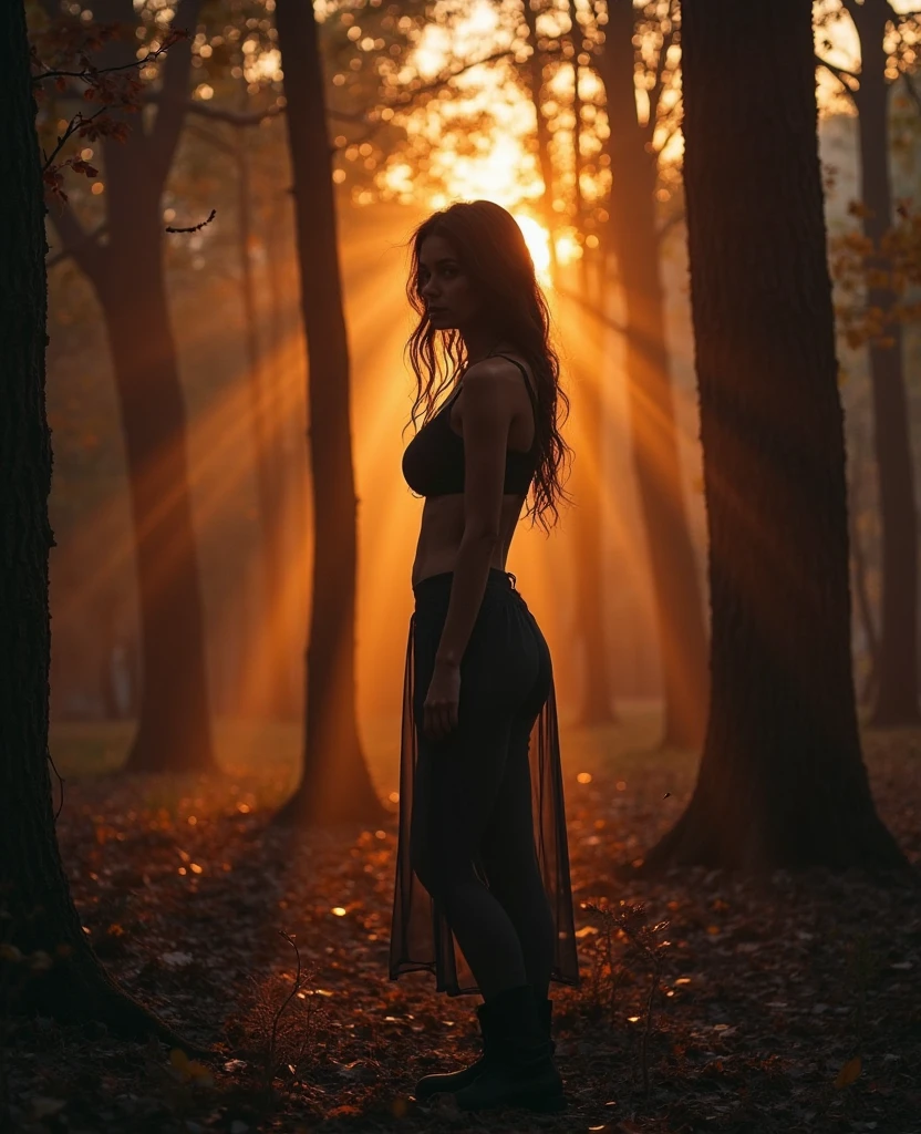 generate a master photograph describing a shapely Woman, a serene early autumn morning in a forest, (8K, best quality), she has a physique like Zendaya, smile, brown hair, black hair, asian skin (big chest, small tiny waist, big breasts), stands gracefully amidst tall trees, bathed in the soft glow of the morning sun. She is stretching her arms upward, embracing the first light of the day. The forest floor is covered in a thin layer of dew, and a few rays of sunlight filter through the leaves, creating a warm and inviting atmosphere. The colors are a mix of rich greens and warm oranges, embodying the transition from summer to autumn, (She has sexy buttocks, Most sexy booty, Most sexy glutes), Womanly, Womancore, (She has fit hips, sexy hips, sexy fit hips, extremely sexy hips), (asian skin, glistening skin, beautiful complexion), shot on Fujifilm superia, (Studio soft light, high detail, cinematic lighting, rim lighting), Style: (hyperrealistic, by DynastySeries FashionNova, photo, {{{masterpiece photography}}}, analog photograph, professional fashion photoshoot, trending on artstation, synthwave, krrrsty), Quality: (photographed, masterpiece, highest resolution), Definition: (highres, sharp focus, 8k uhd, ultra photo-realistic resolution), Film: (80 mm, shot on portra 120, shot on Fujifilm), Resolution: (extremely detailed, (sharp focus:1.5), cinematic lighting, dramatic lighting, ultra photo-realistic), luxury: