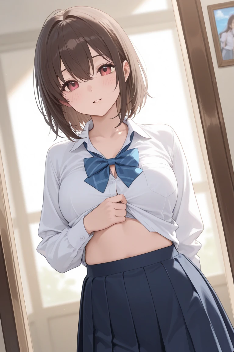 nsfw,One Girl、Junior High 、clothes lift、show off bra、show off panties、Checked Skirt、子供用のPink Bra、Highest quality、Very delicate and beautiful、((Very short bangs))、((blunt bangs))、Light shiny brown hair、The hair is light、((Short Bob))、Cute face、Young face、Cute like an idol、Yellow Eyes、Are thin、Slim figure、Short、 body type、Embarrassed face、Red face、Checked Skirt、Thighs、Pink Bra、Pink Panties、