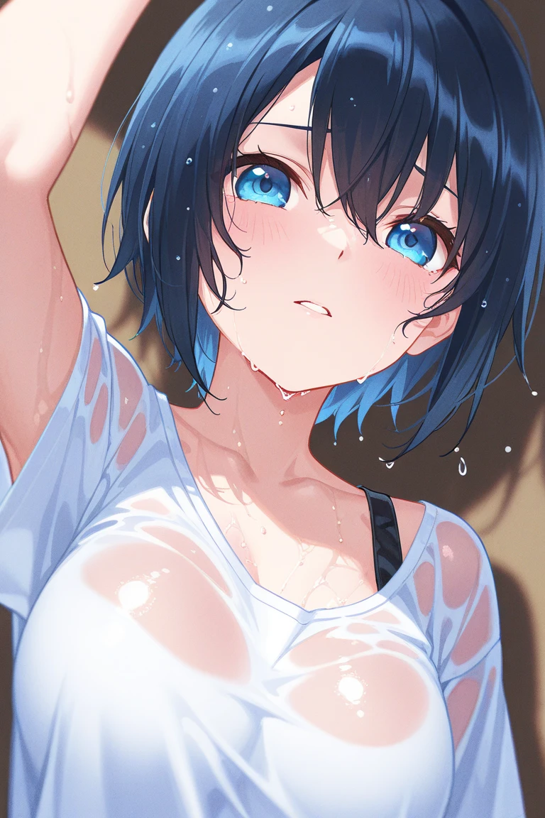 (best quality), (Super detailed), (Best Illustration), (masterpiece), score_9, score_8_up, score_7_up, (4k), nsfw, (1woman), (full nude), (large breasts), {brown hair, (sideburns), (bob cut:1.3), curly hair, hairs between eyes, colored inner hair}, {(detailed eyes), heart-shaped pupils, blue eyes}, parted lips, seductive smile, nose blush, earring, sweat,